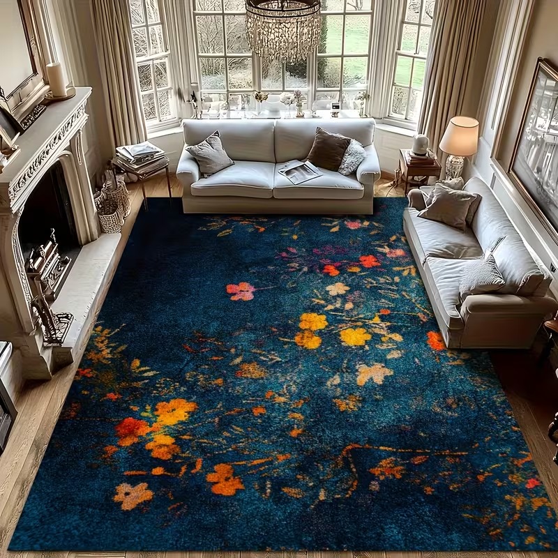 TEMU Luxury Large Navy Blue Floral Carpet - Velvet Rug Suitable For Living Room, Bedroom, Hallway - Machine Washable,, Anti-slip Under Bed Floor Mat - Jumbo Size