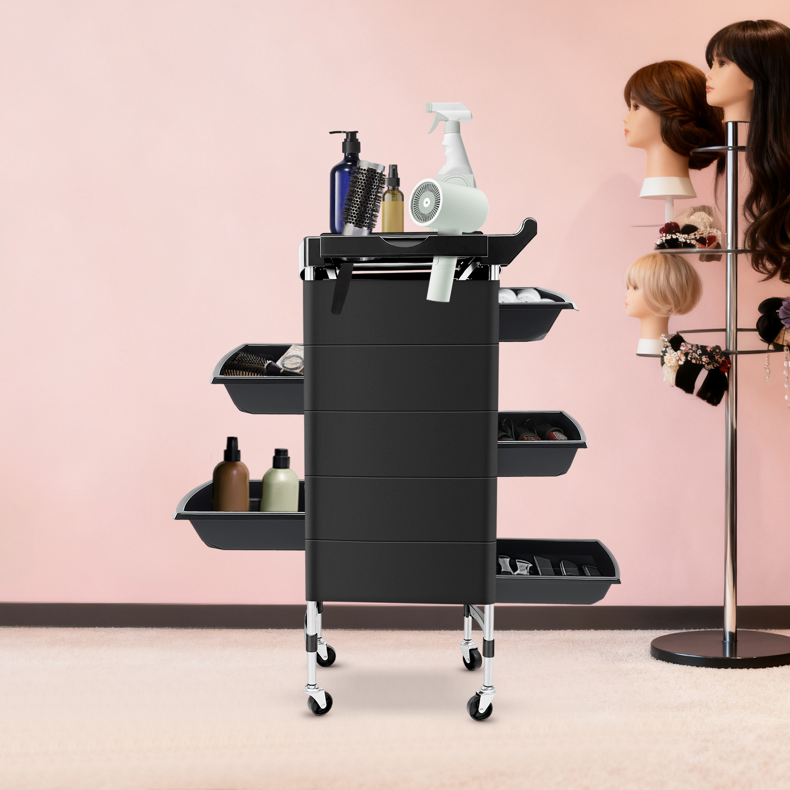 Image of Trolley With 6 Levels, Featuring 5 Drawers And Swivel Wheels, Designed For Use In Barber Shops, Hospitals, Health , And Homes, Made From Stainless Steel And Abs For Drawer Organization