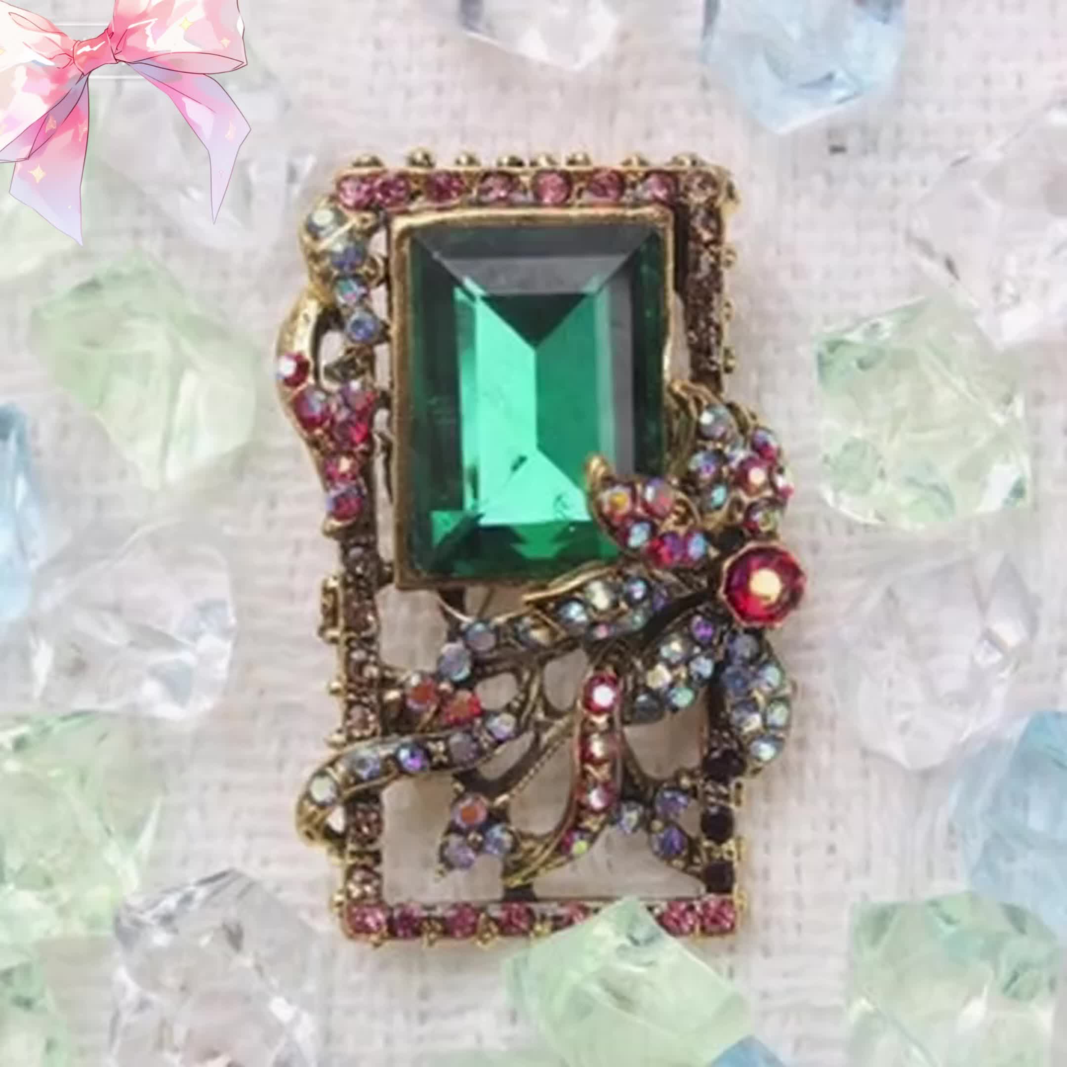 Statement Brooch with Green Multicolored AB Rhinestones