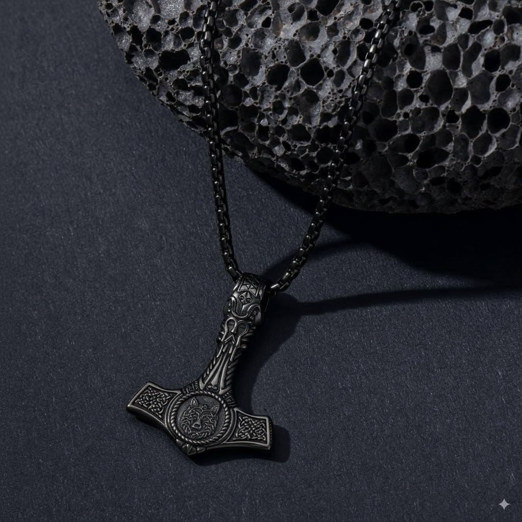 925 Silver Thor's Hammer Necklace with Black Celtic Knot & Wolf Design