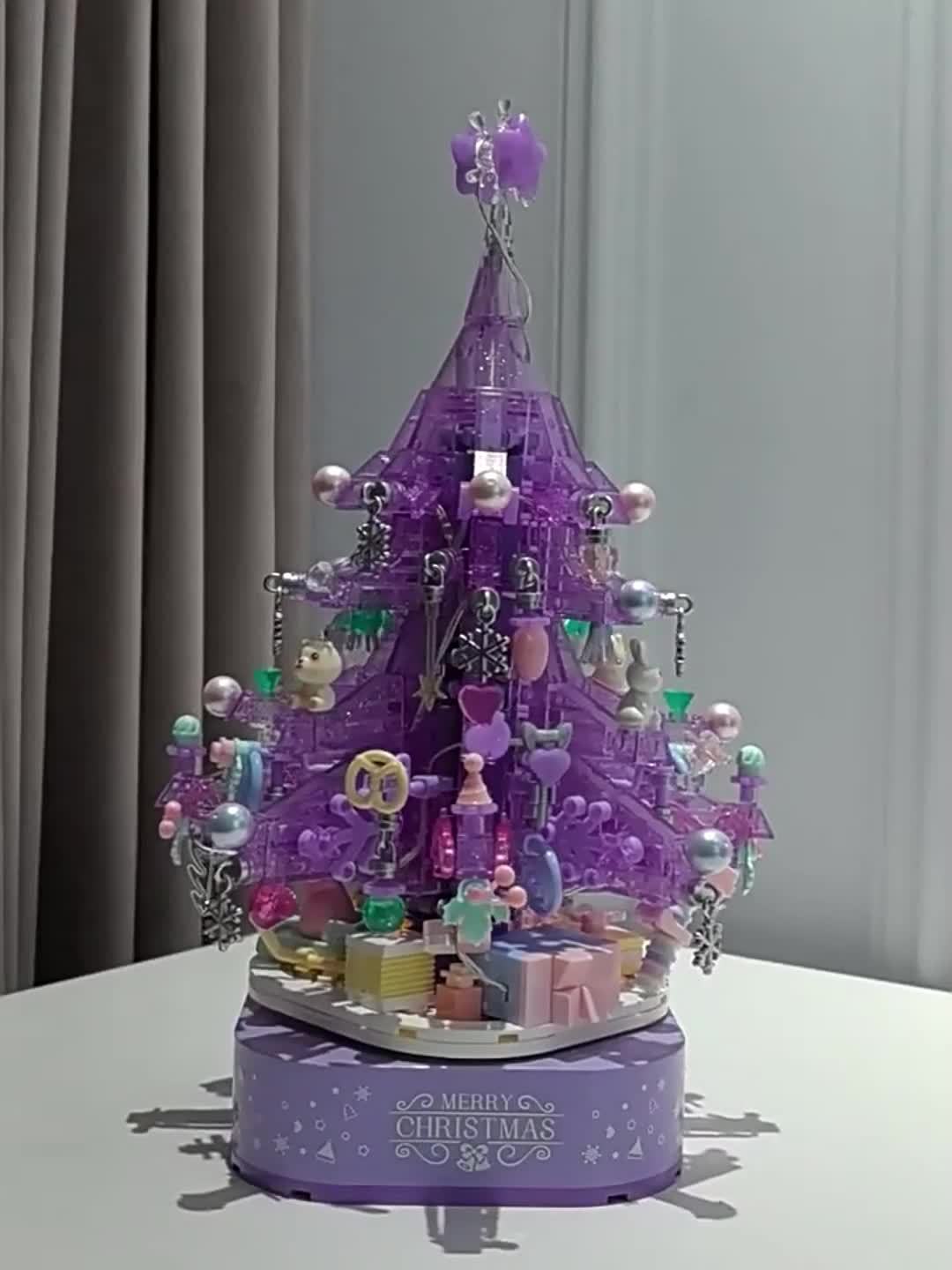 Christmas Tree Building Blocks with LED Light,Purple Crystal Christmas Tree  Music Box,Compatible with Lego Christmas Tree, Xmas Gifts for Adults and  Kids 