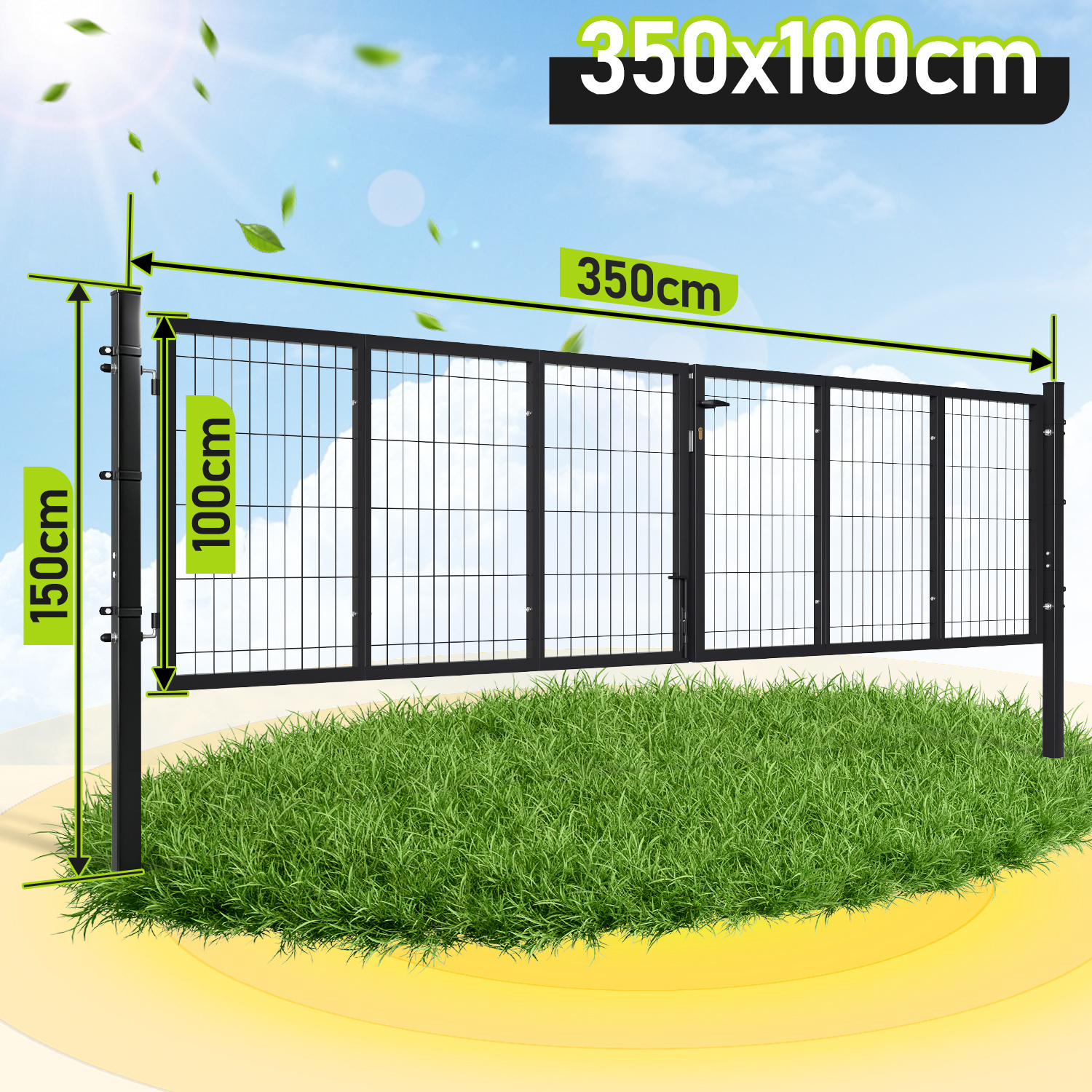 300/350 X 100cm Double-wing Metal Garden Gate Including Lock, Handle, Ground Sleeve, And Connecting Clamps - For Gardens, Yards, And , In Round Or Square Tubing (/green)