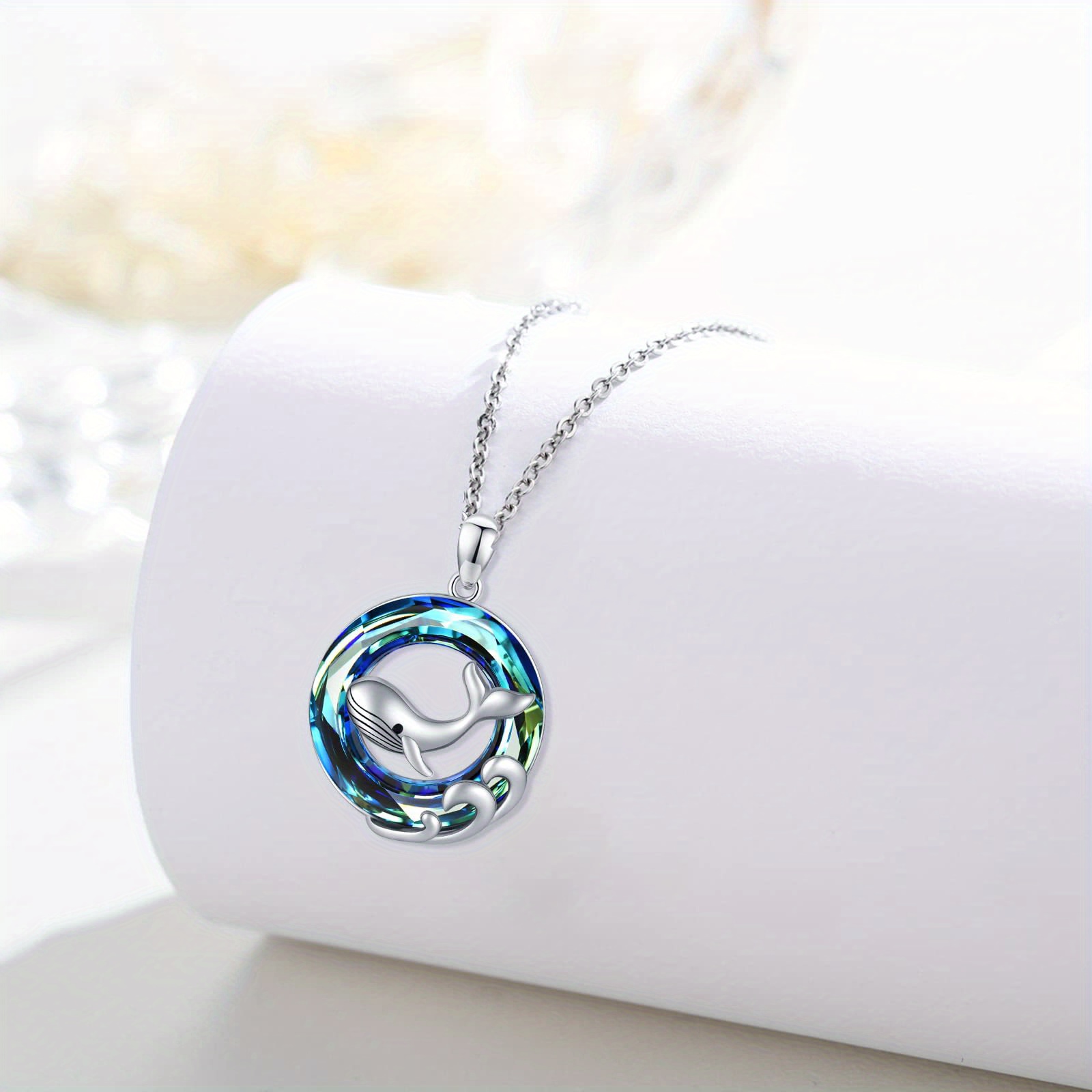 Women's Whale Necklace, Sterling Silver Pendant with Crystal Wave