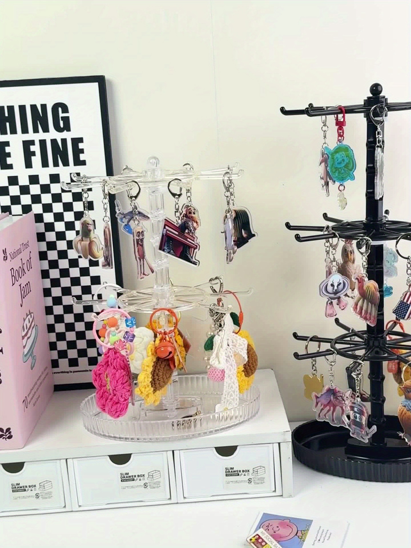 Black/Transparent Rotatable Key Hook Rack, Adjustable Height Jewelry Organizer