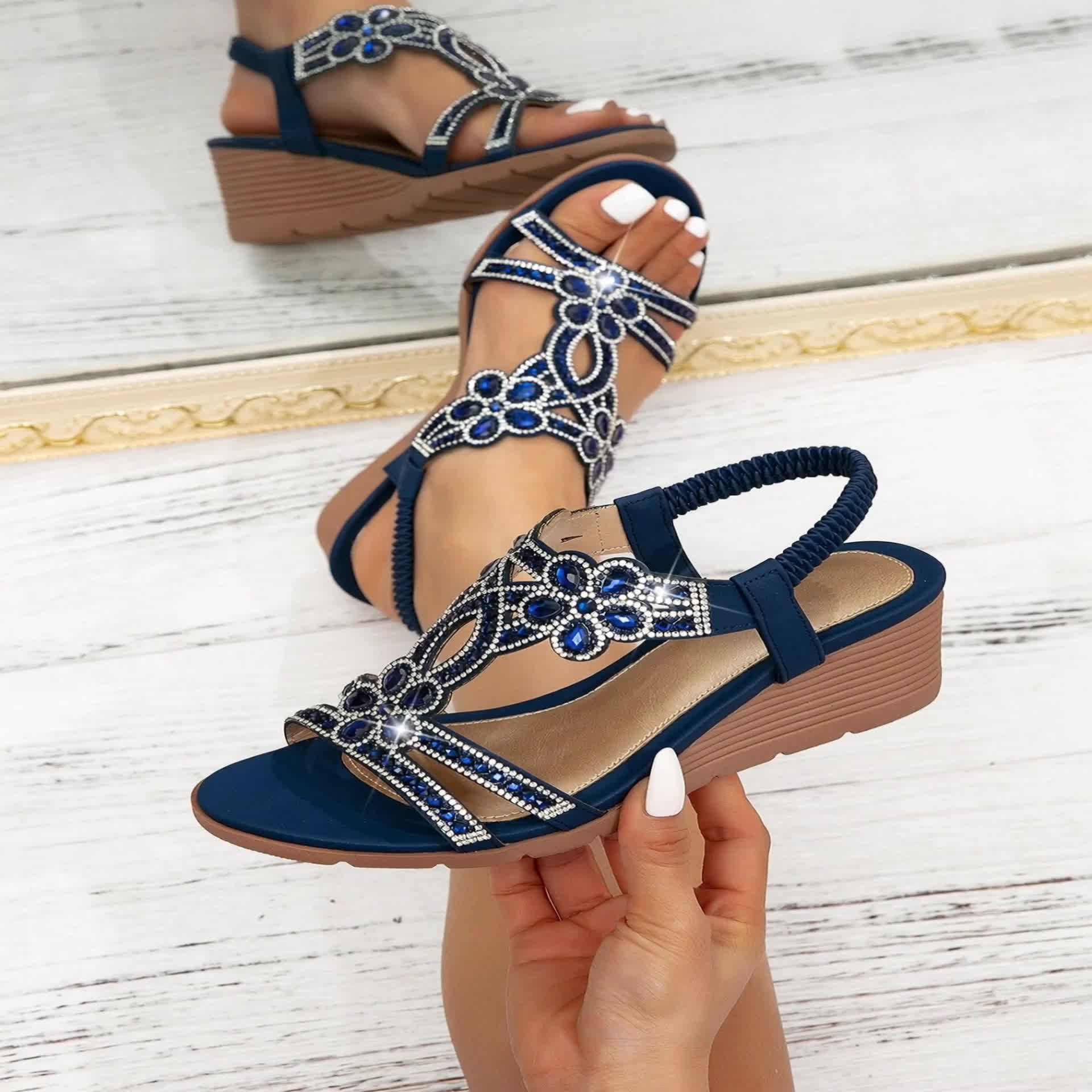 Elegant Women's Rhinestone Flower Embellishment Wedge Sandals