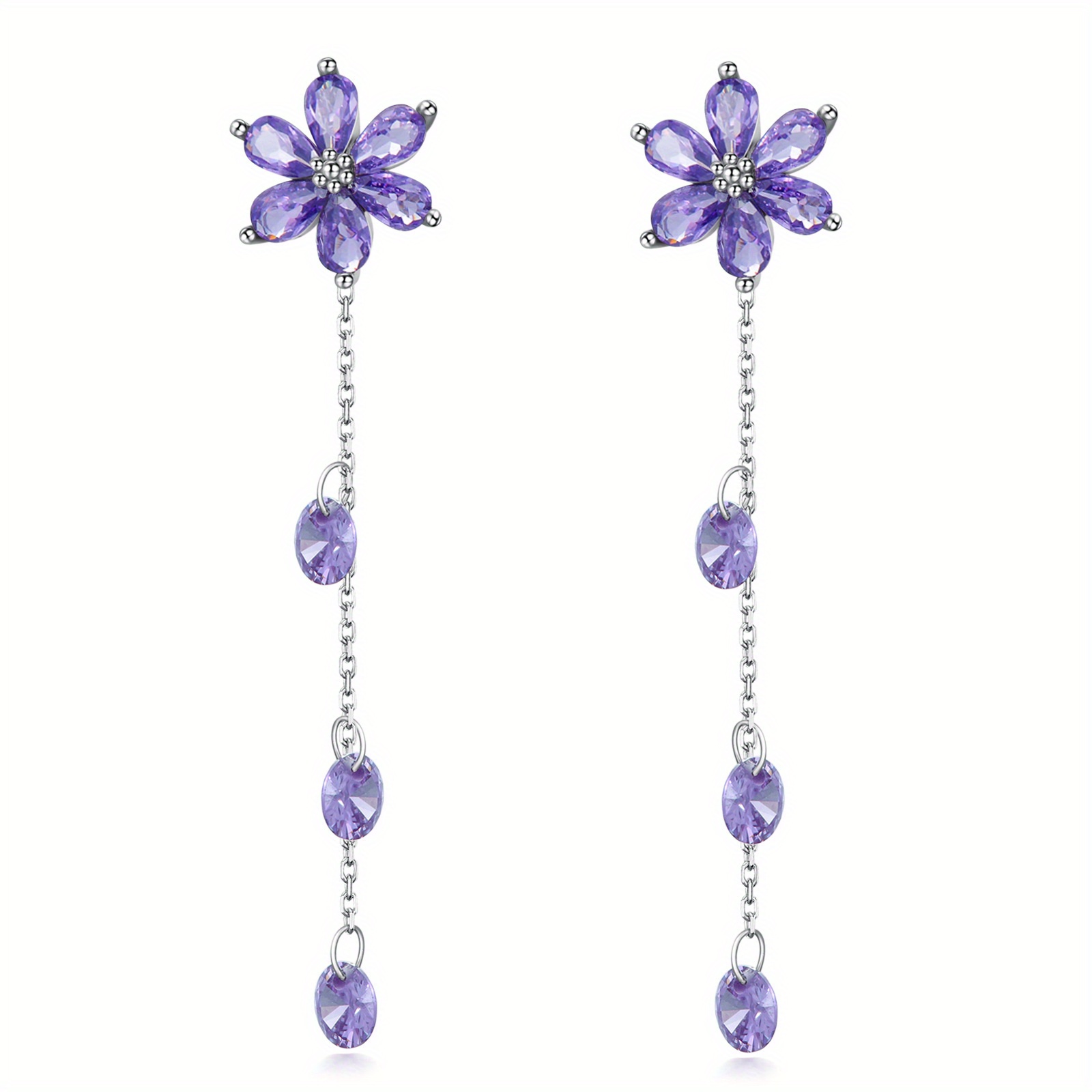 Silver Flower Drop Earrings Purple Floral Dangly Earrings for Women