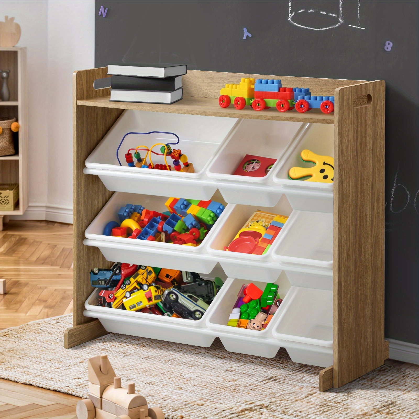 9 bin kids storage organizer with bookshelf heavy duty multi tier shelving unit   bins     saving   for playroom bedroom living room durable furniture for room organization multi color  