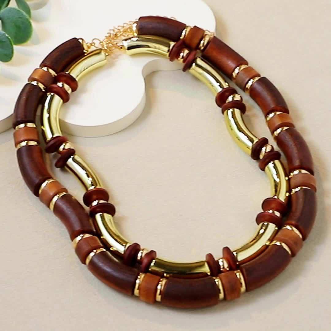 Vintage Boho Wooden Bangle & Necklace Set - Light Brown Tone