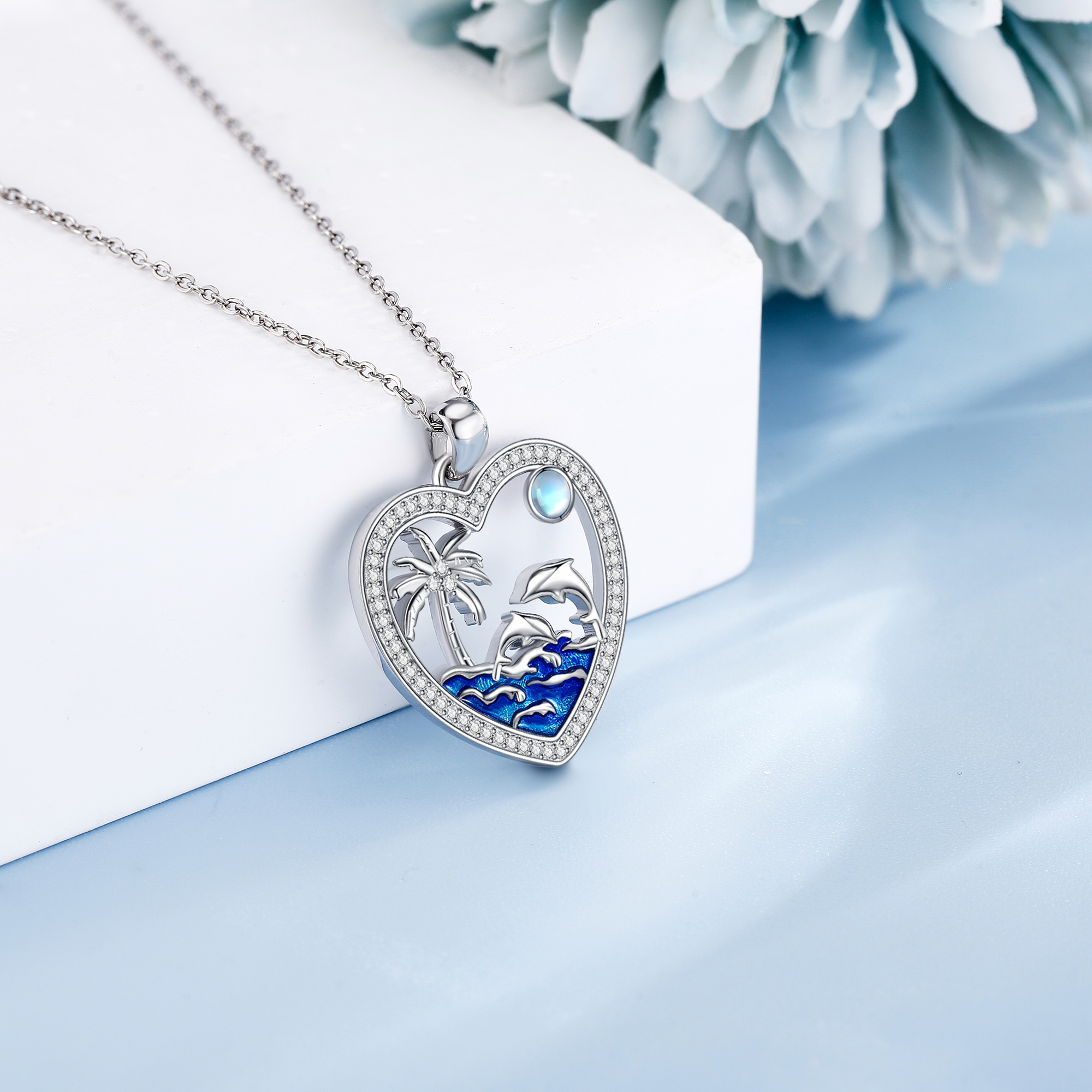 Women's 925 Sterling Silver Dolphin Necklace with Moonstone