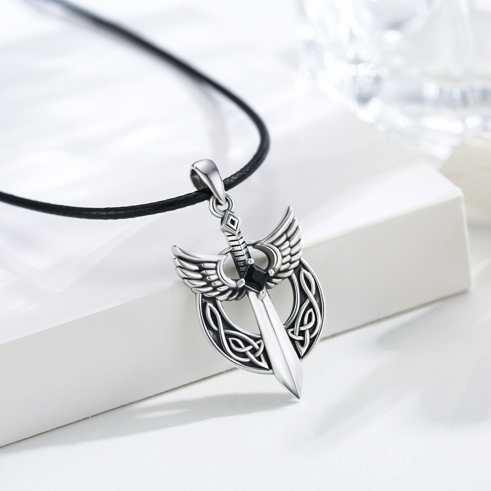 Celtic Knot Sword Necklace with Black Cubic Zirconia