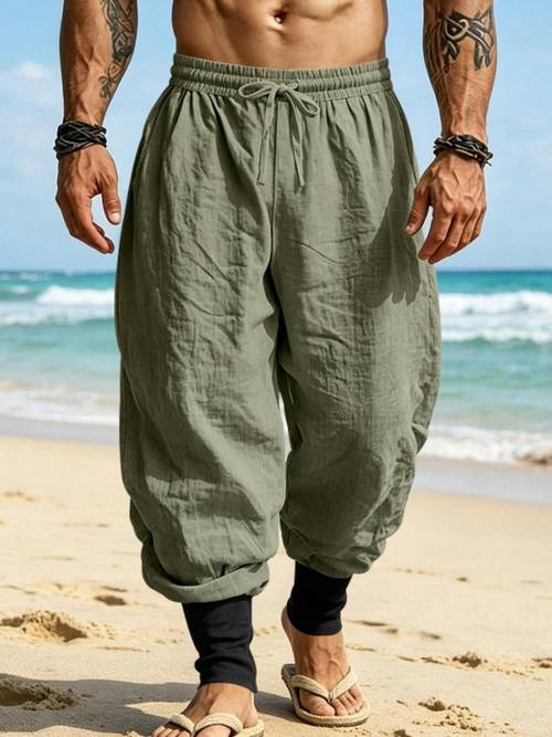 item picture mens breathable beach commuting pants blocking loose cuff jogging drawstring trousers