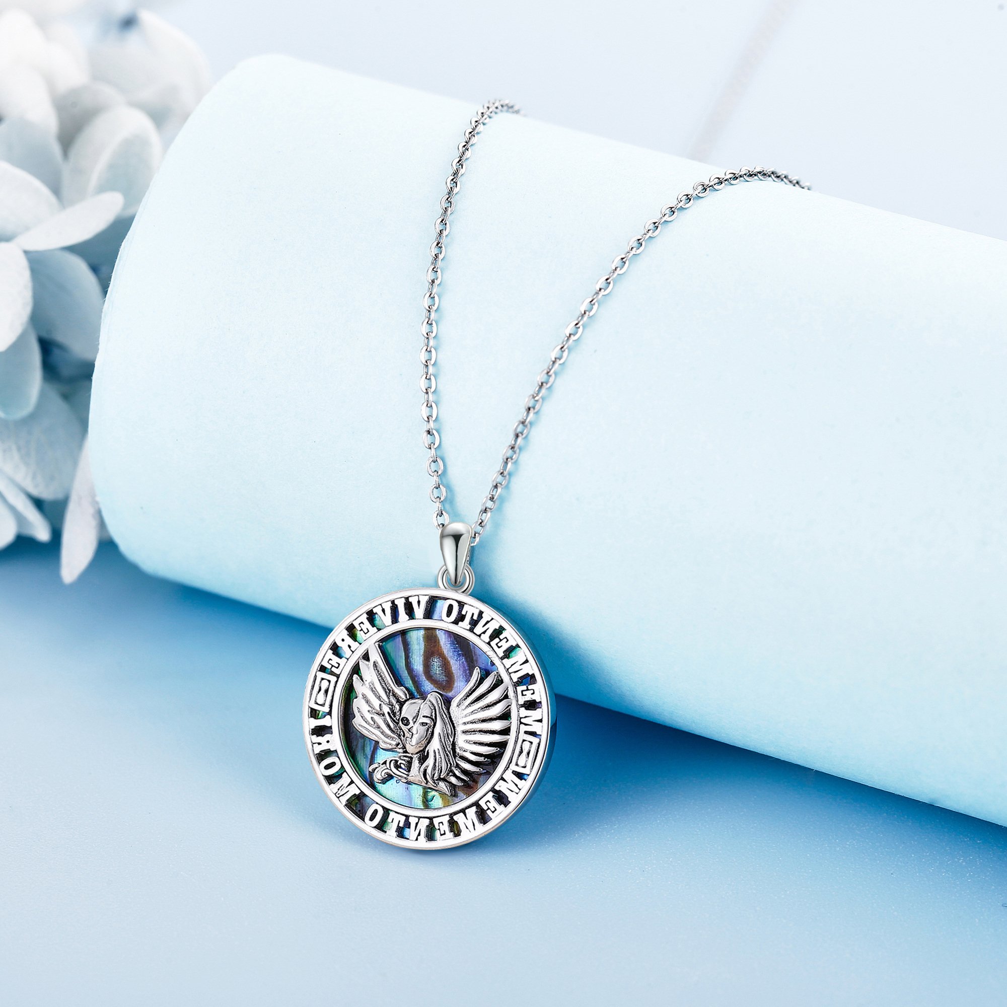 925 Sterling Silver Memento Mori Necklace with Synthetic Abalone Shell