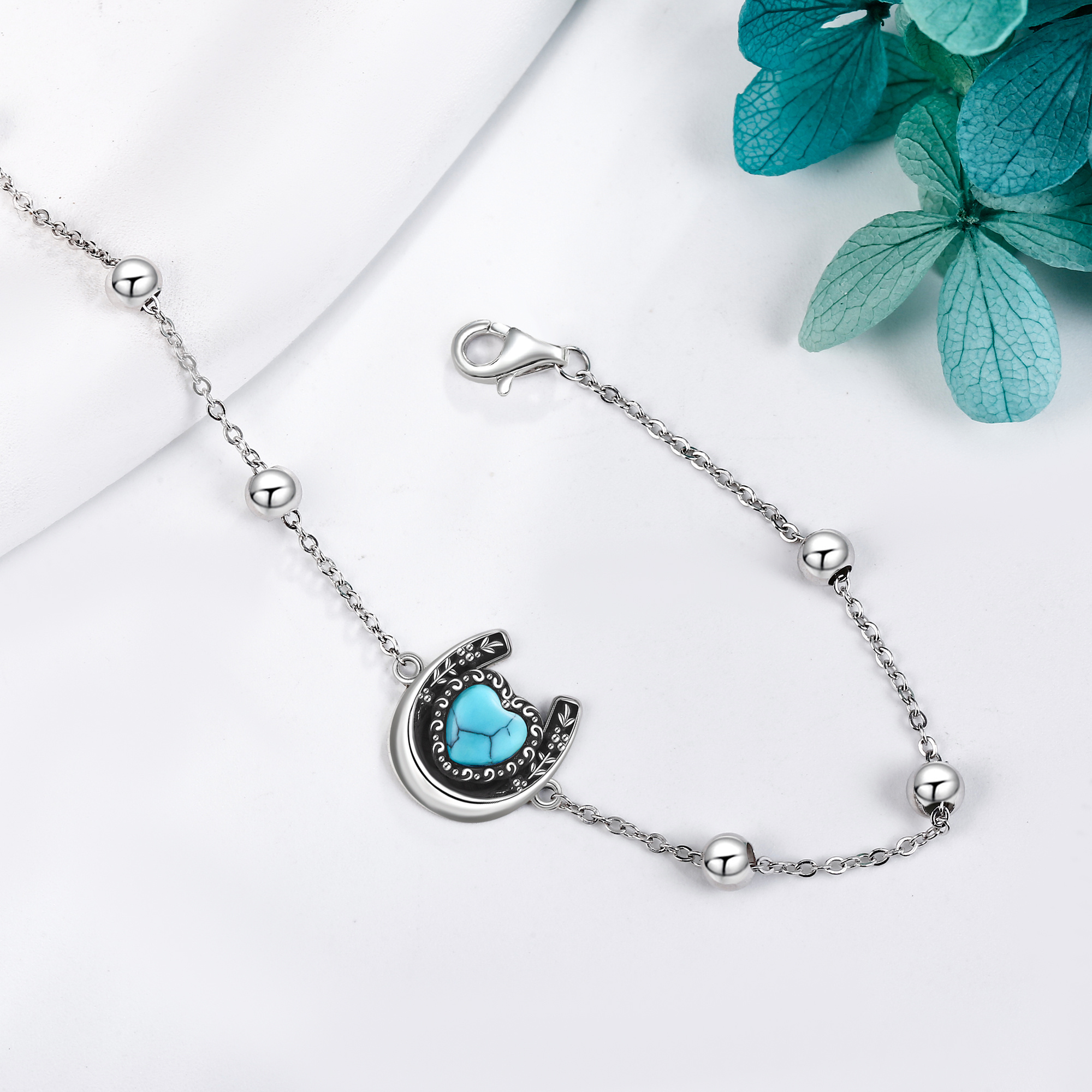 Women's 925 Sterling Silver Horseshoe Bracelet with Synthetic Turquoise