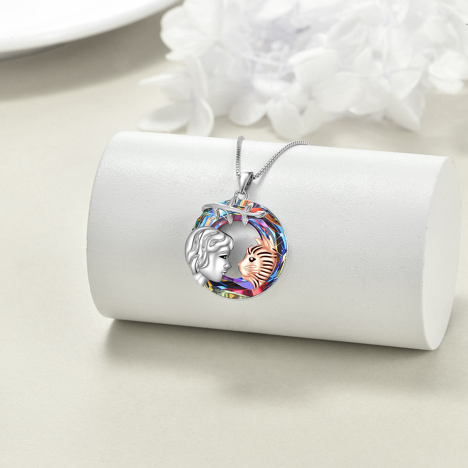Women's 925 Sterling Silver Cat Pendant Necklace with Crystal