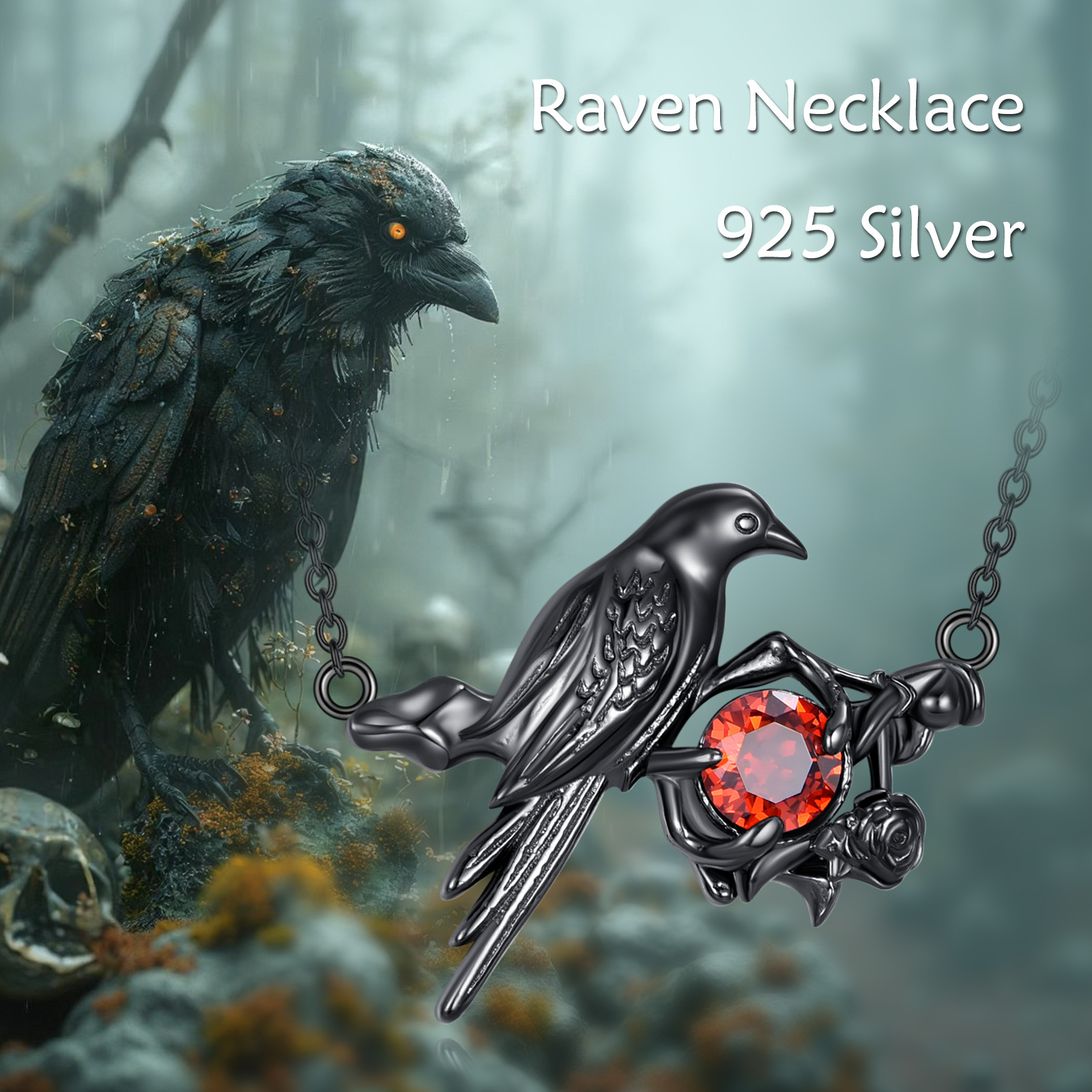 925 Sterling Silver Raven Necklace, Gunmetal Plated Gift
