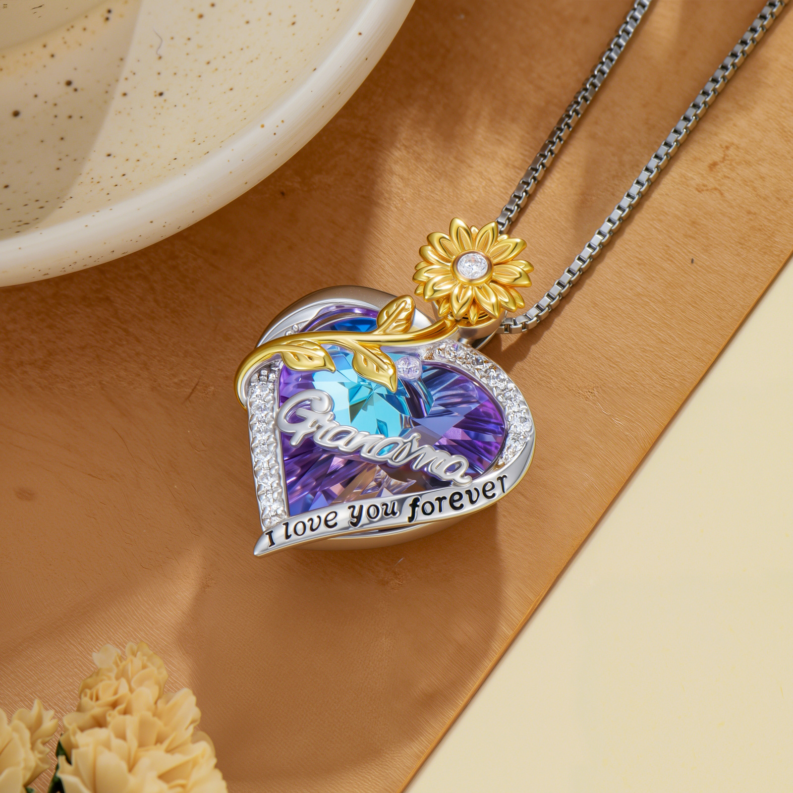 Women's Sterling Silver Sunflower Crystal Necklace — Gift for Grandma