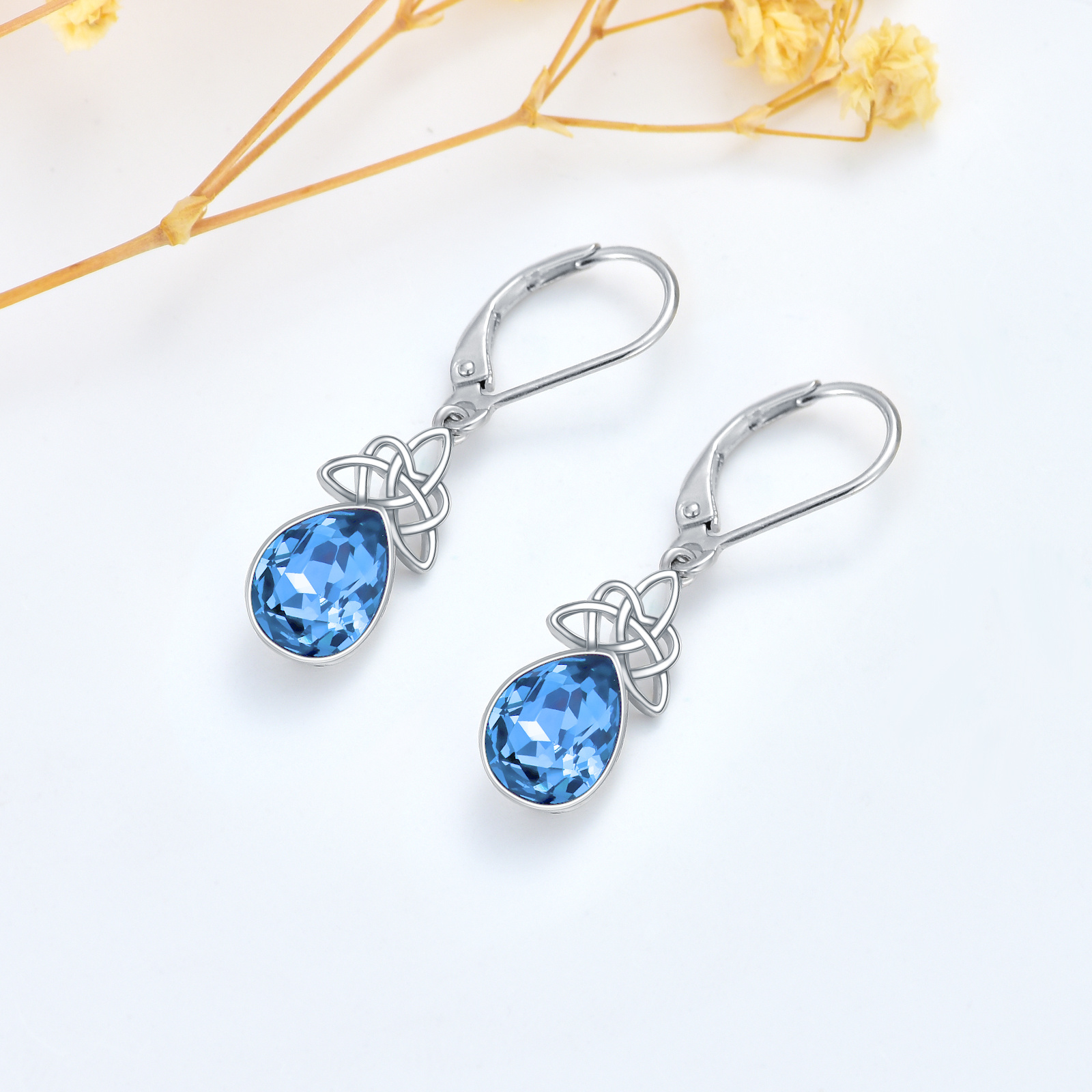 Women's 925 Sterling Silver Celtic Knot Teardrop Earrings with Synthetic Crystal