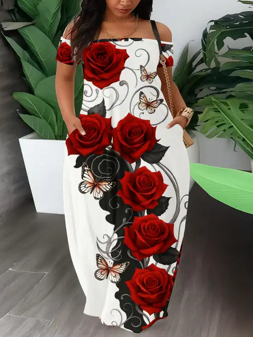 Plus Size, One-shoulder *-fit Long Dress In White, Printed with Red Roses And Butterflies. * And Versatile for Office Workers And with A Fashion * Plus Size, One-shoulder *-fit Long Dress In White, Printed with Red Roses And Butterflies. * And Versatile for Office Workers And with A Fashion *