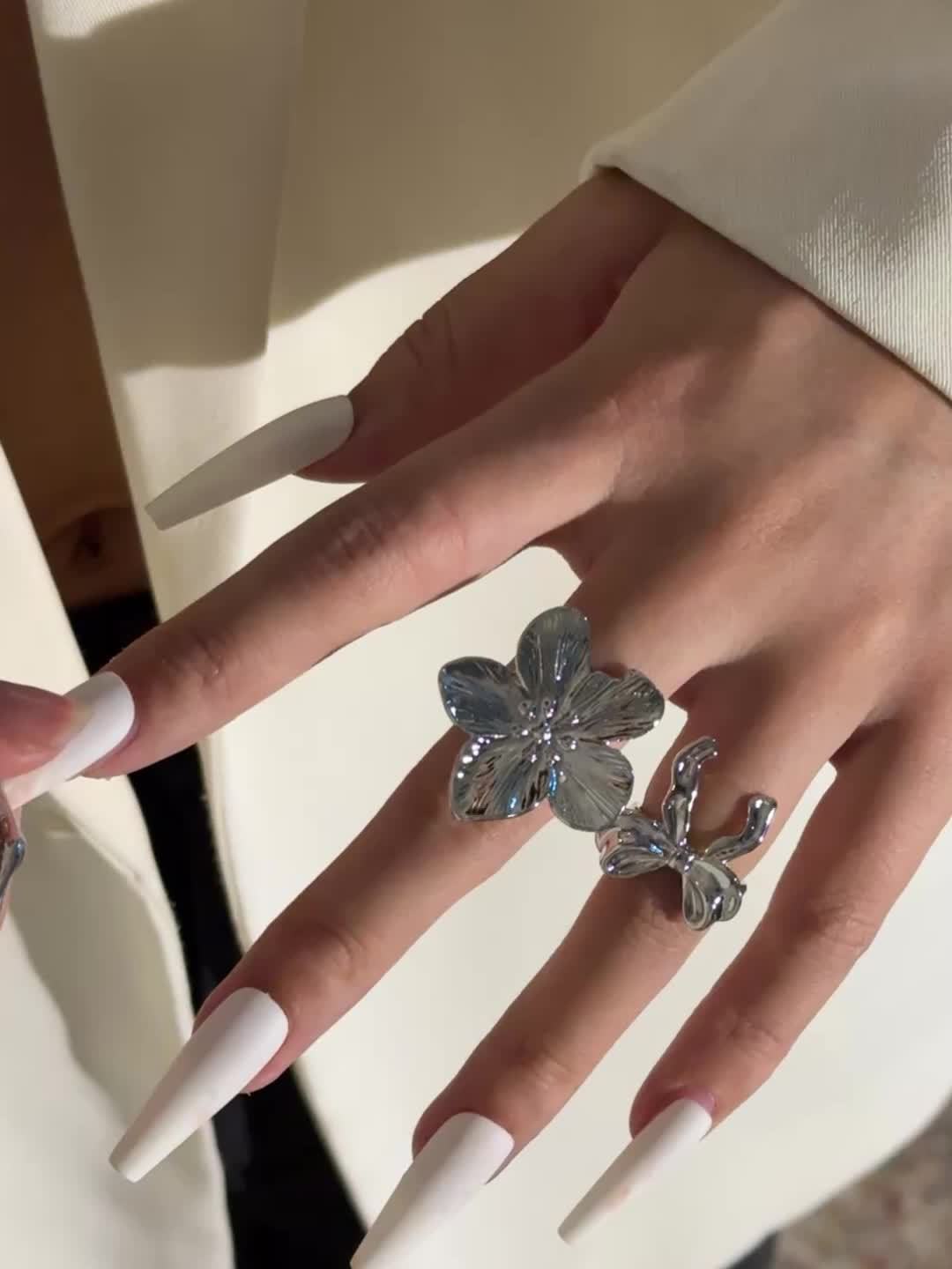 4pcs Geometric Irregular Open Ring Set with Floral Bowknot