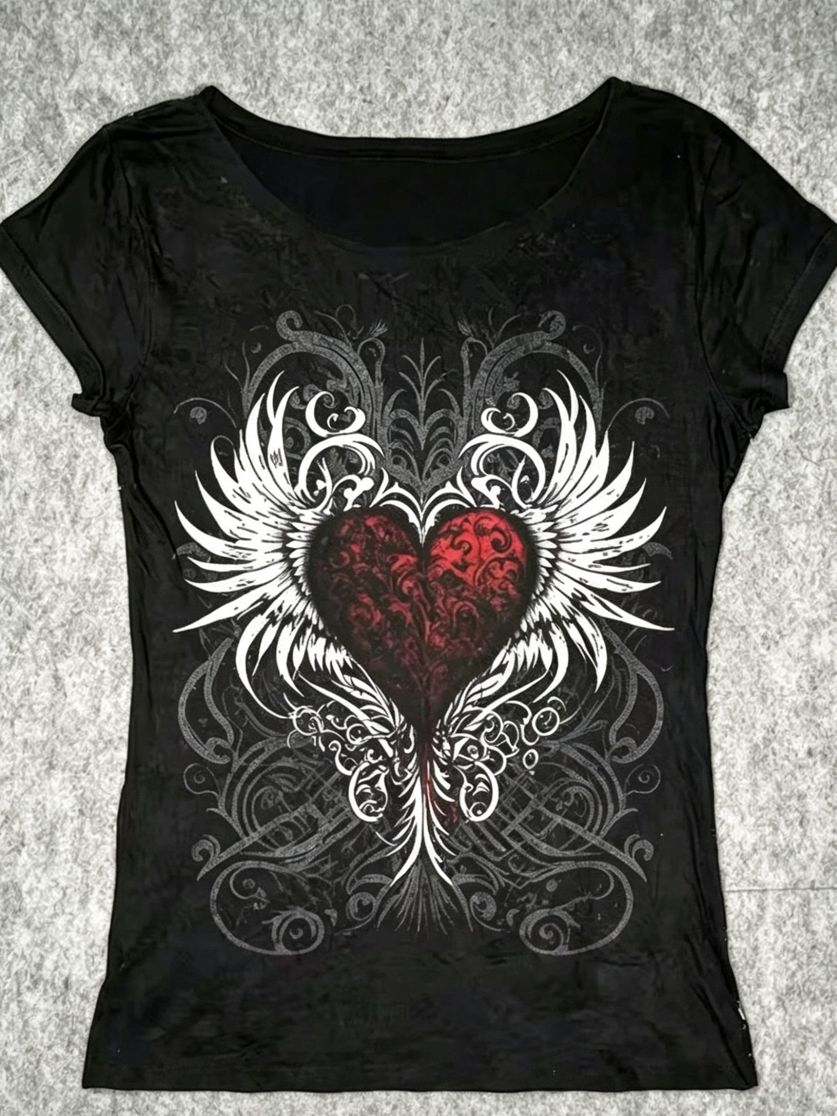 Y2K Gothic Winged Heart T-Shirt for with Tattoo Pattern - Niannian