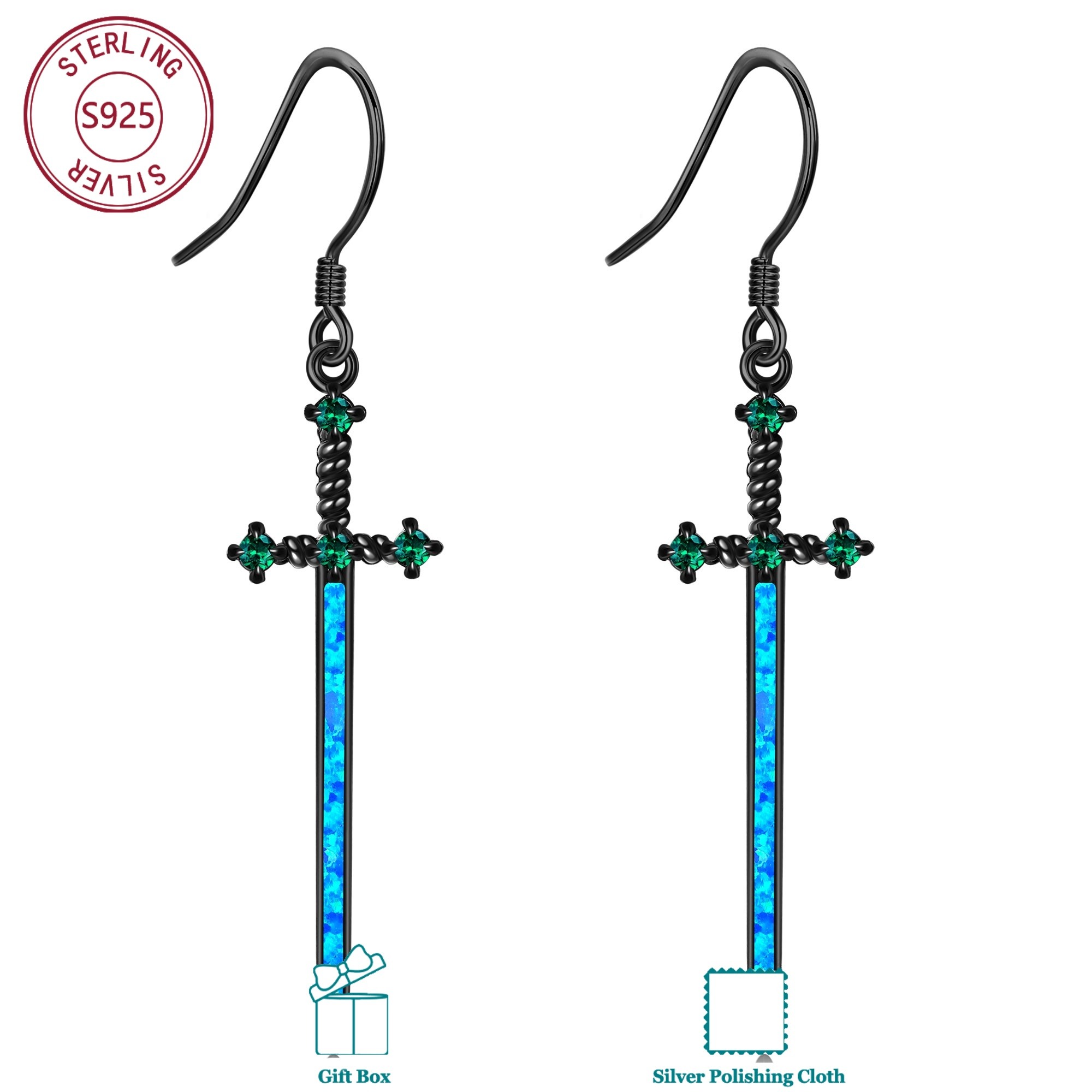 Image of 925 Sterling Silver Synthetic Opal Sword Drop Earrings For Everyday Men And Women; Birthday Presents; Christmas Gifts; Meaningful Gifts; For