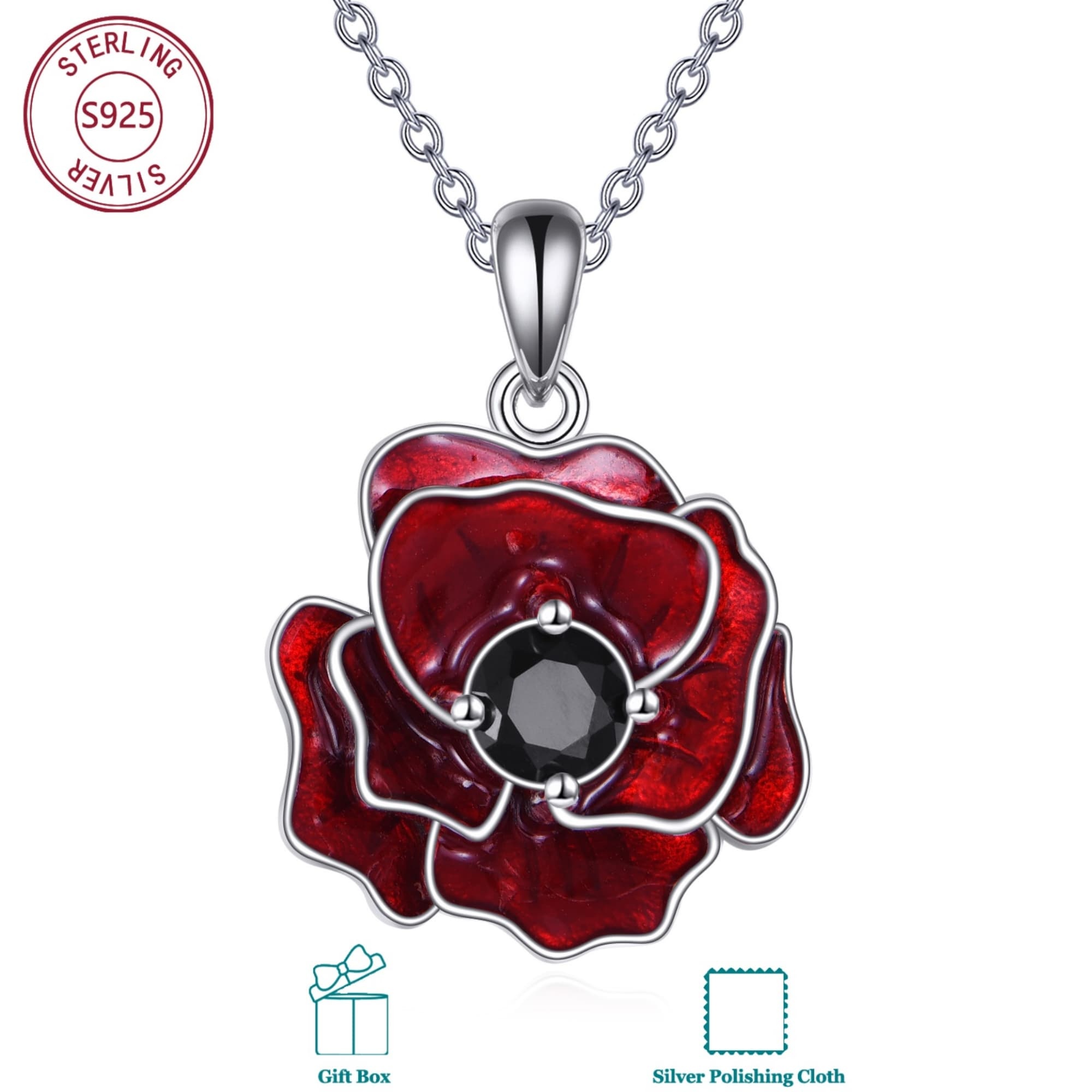 Image of 925 Sterling Silvery Poppy Necklace With Synthetic Zirconia, Remembrance & Peace, Ideal For & Daily Memorial Wear, Women's Hypoallergenic