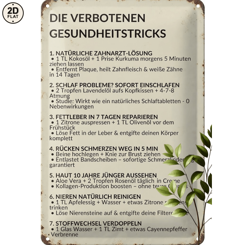 TEMU 2D-Flach, . Metallschild. Liste verbotener Gesundheits-Tricks Naturheilmittel, für Zuhause, Büro, Bar, Außendekoration, 20x30cm, 2D-FLACH,