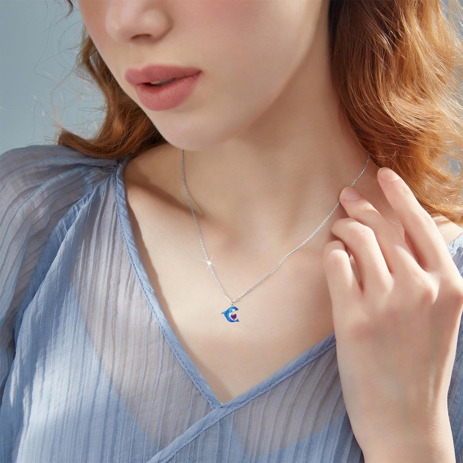 Dolphin Necklace 925 Sterling Silver with Blue Birthstone Pendant