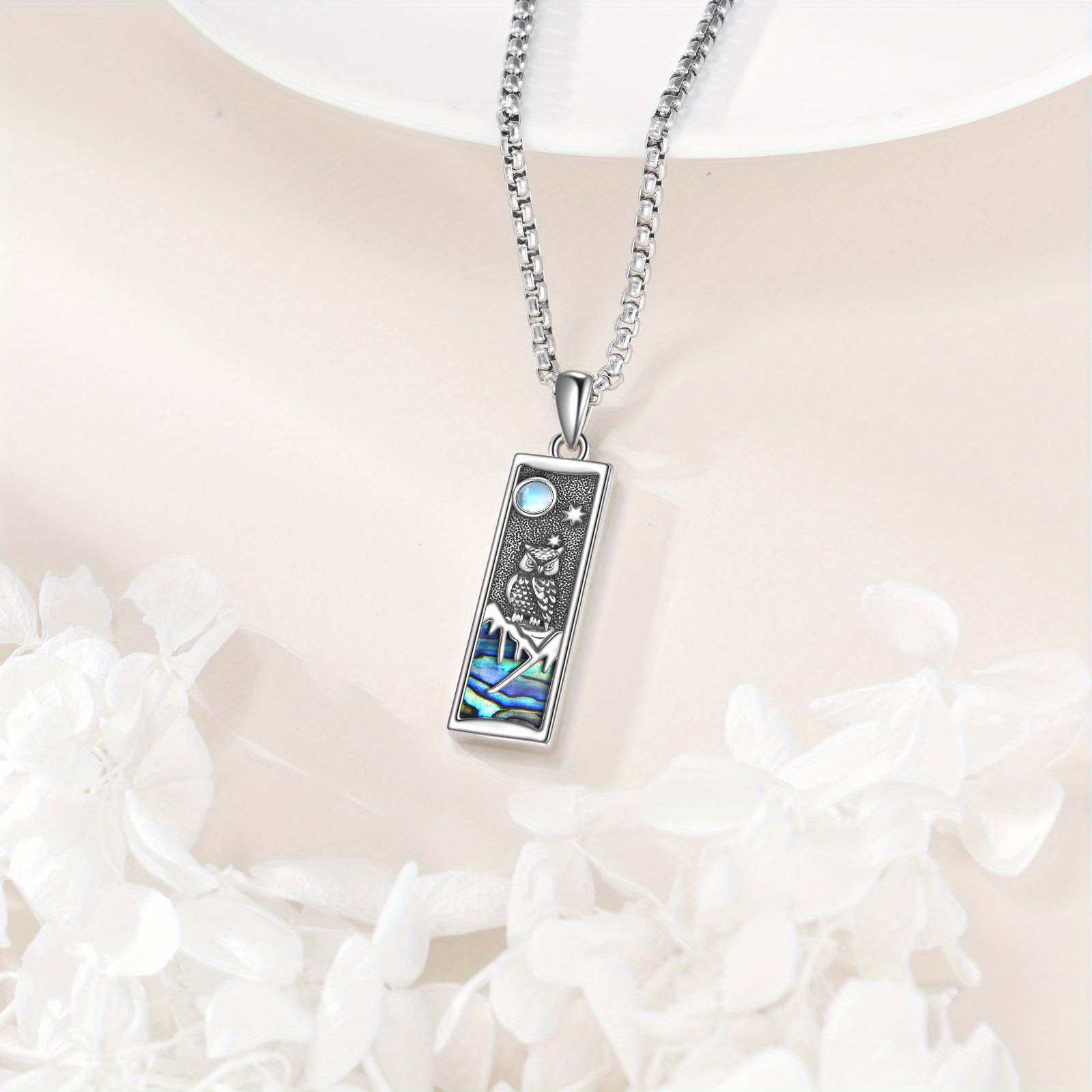 S925 Sterling Silver Owl Necklace with Synthetic Abalone Shell