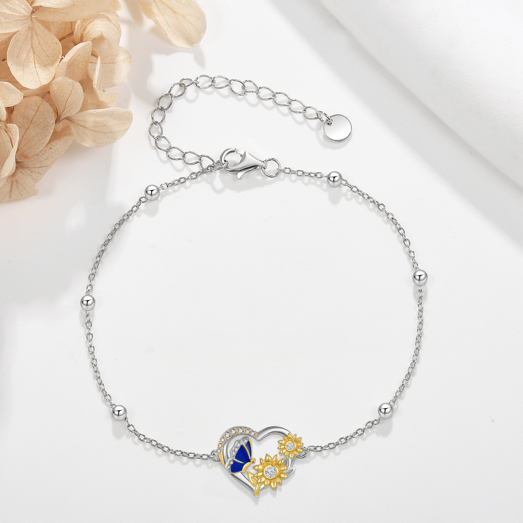 Sunflower Bracelet Silver Butterfly Heart Pendant