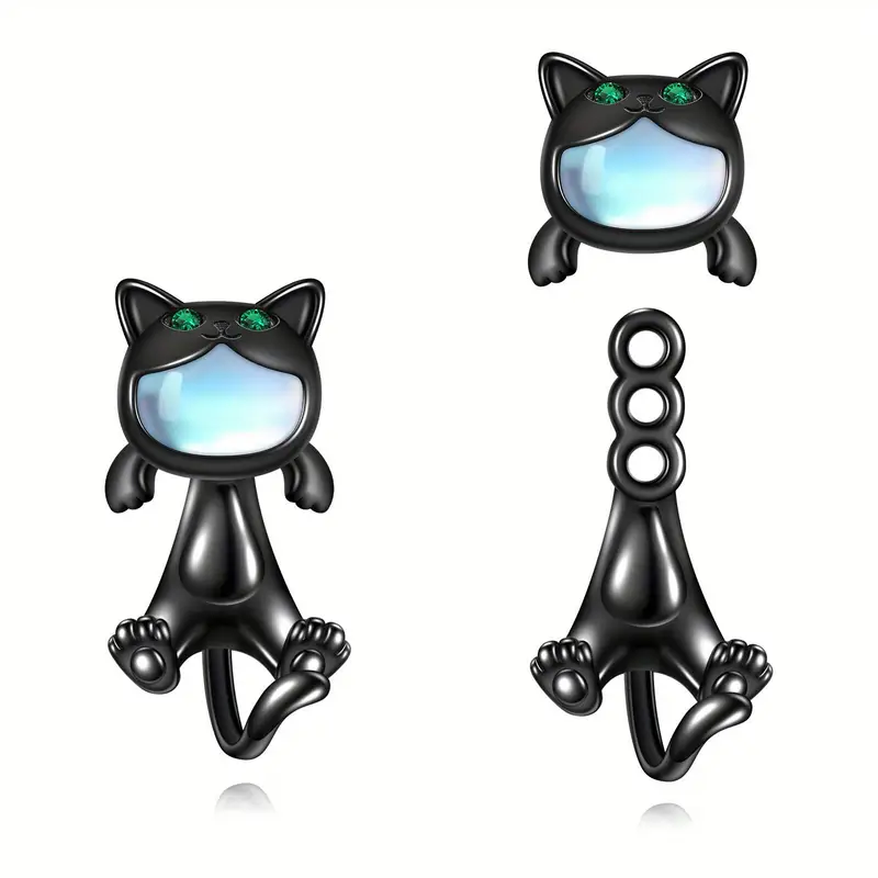 925 sterling silvery gunmetal black cat earrings two stacked ways to wear cat dangling earrings cat earrings stud earrings Product details 2