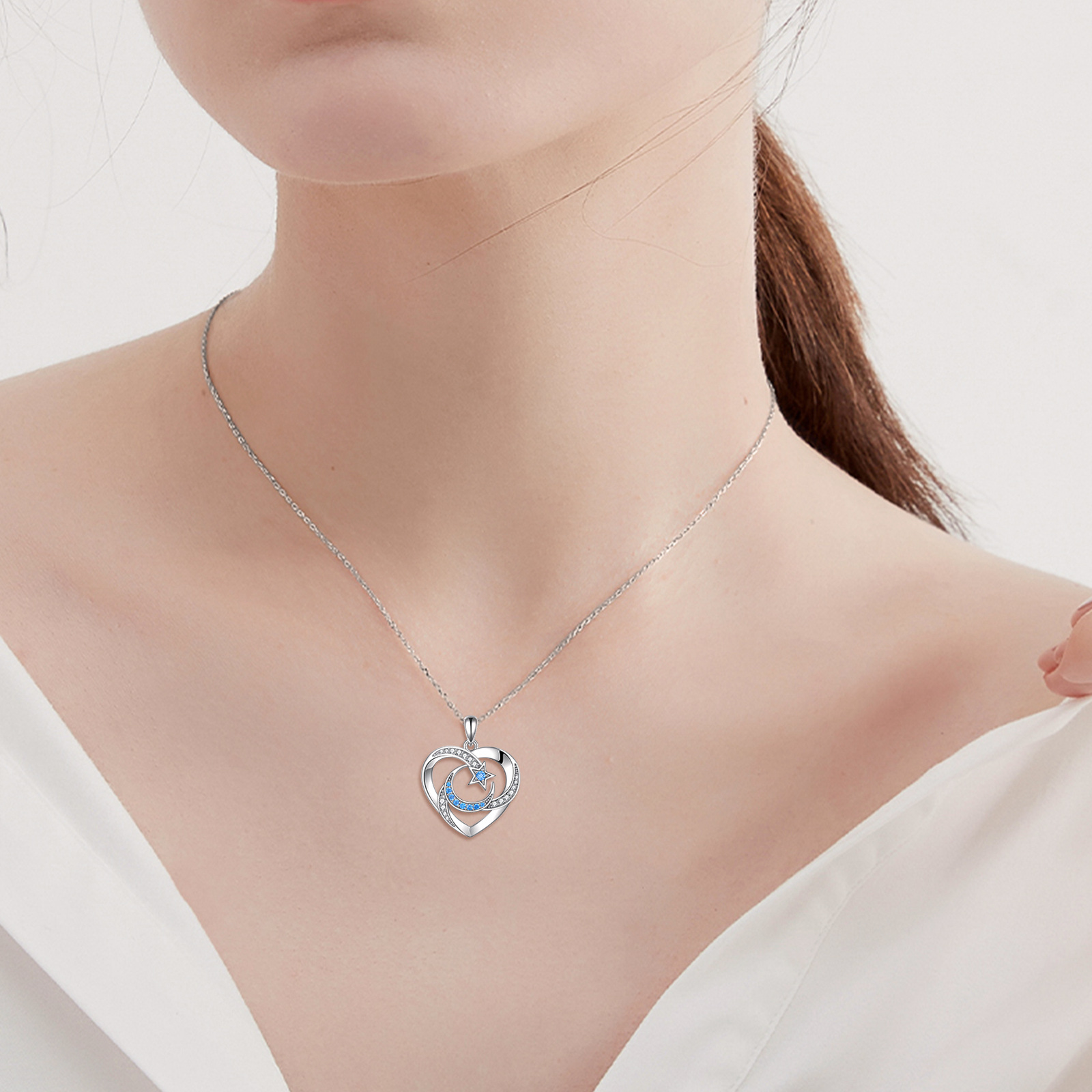 Women's Pure Silver Moon & Star Heart Necklace with Cubic Zirconia