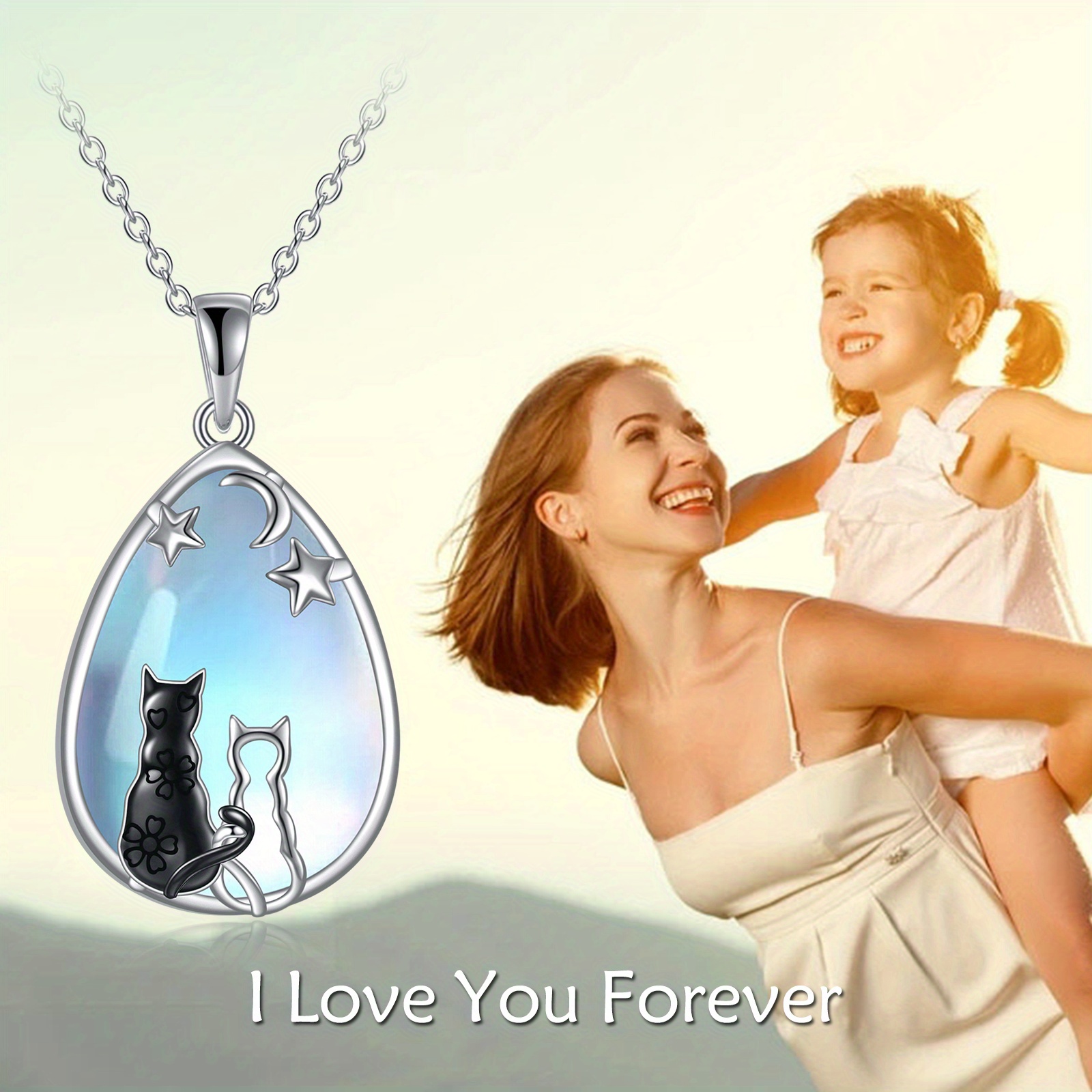 Cat Moonstone Mother and Daughter Necklace for Women Sterling Silver