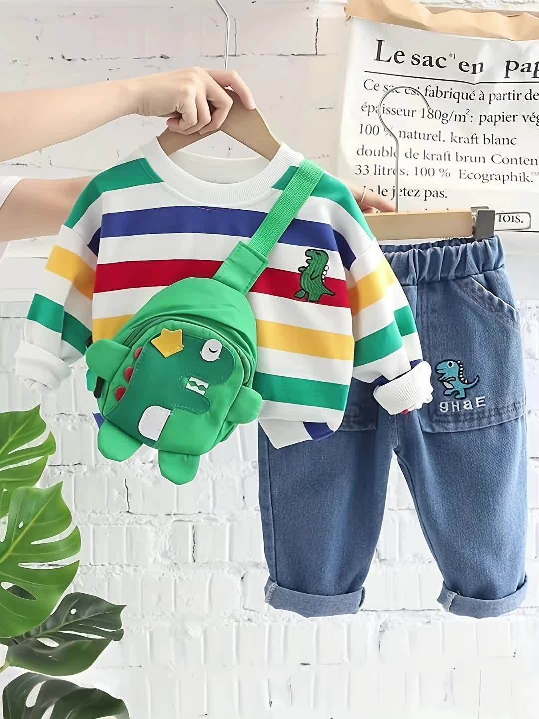 Children's autumn clothing, boys and girls, 2024 autumn clothing boys set striped round neck jeans 2pcs set with bag, Perfect for Outdoor - Image 11