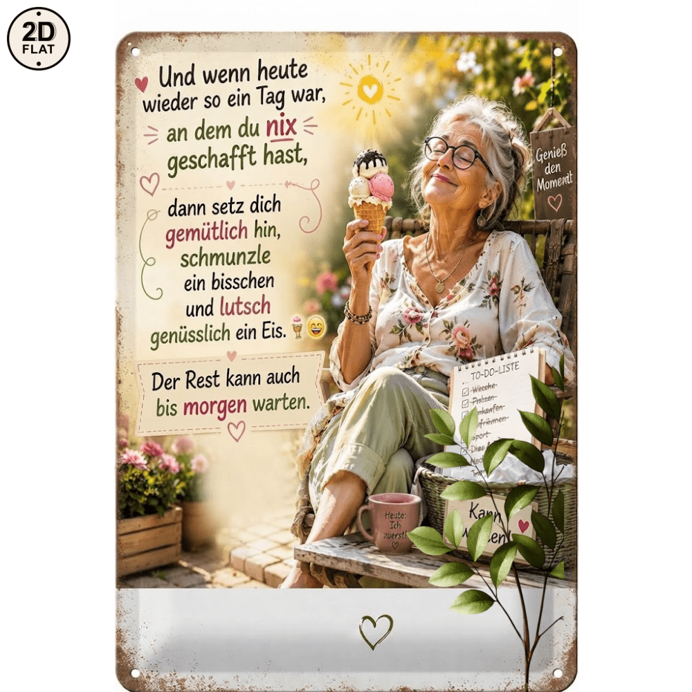 Image of 2d Flat, [2d Flat] 1pc Metal Sign. Happy Grandma With Ice Cream " Today, Rest Can Wait Tomorrow" Perfect For Home, Office, Bar, Outdoor Decor 20x30cm 2d Flat, 2d Flat
