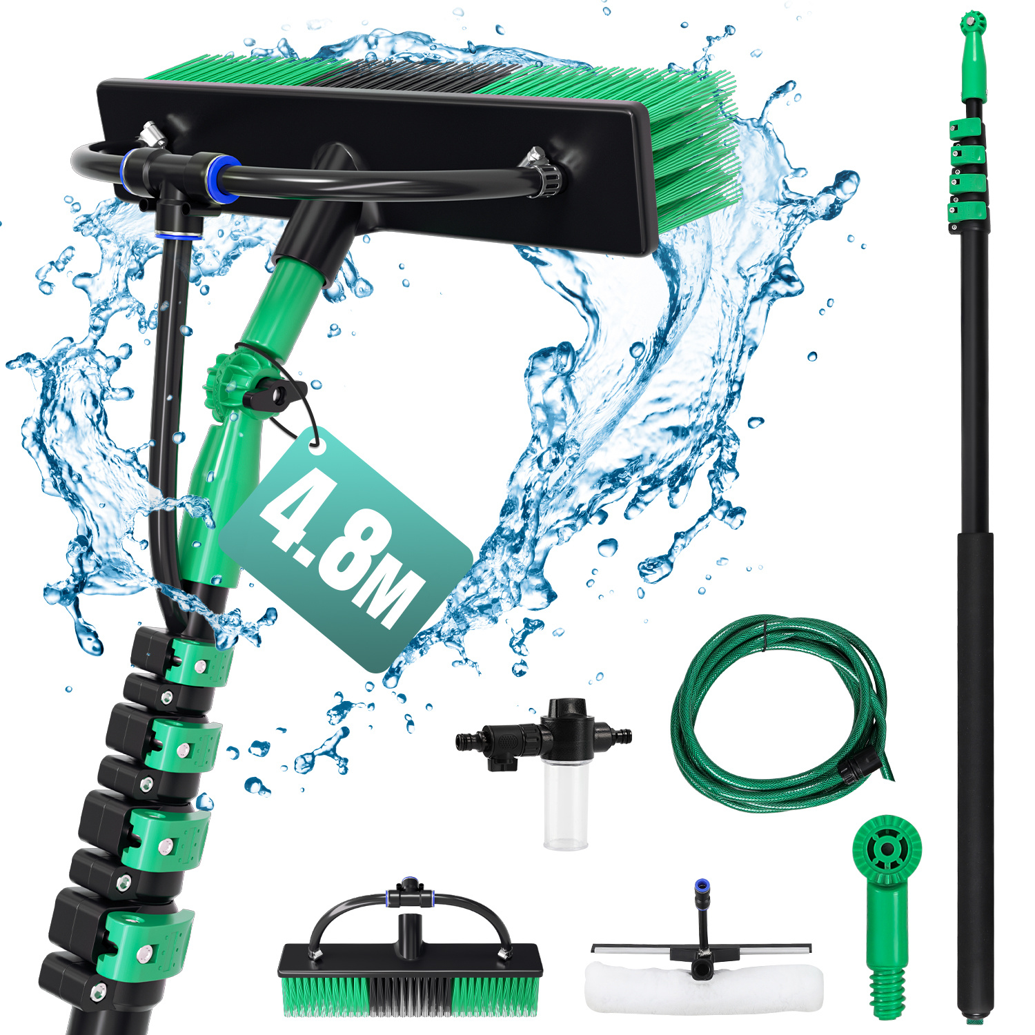 TEMU Brosse de nettoyage de fenêtre télescopique extra-longue de qualité supérieure, 4,8 m, avec alimentation en eau, distributeur de savon, tête de