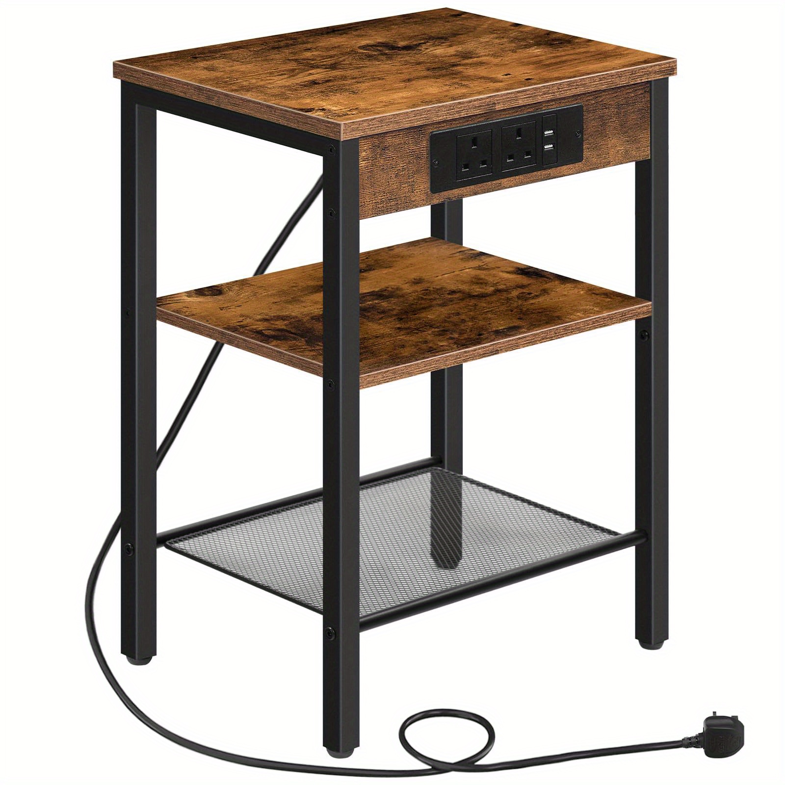 TEMU Side Table, 3-tier Side Table With Charging Station, Slim End Table With Adjustable Middle Shelf, Table For Small Spaces, Small Bed Table For