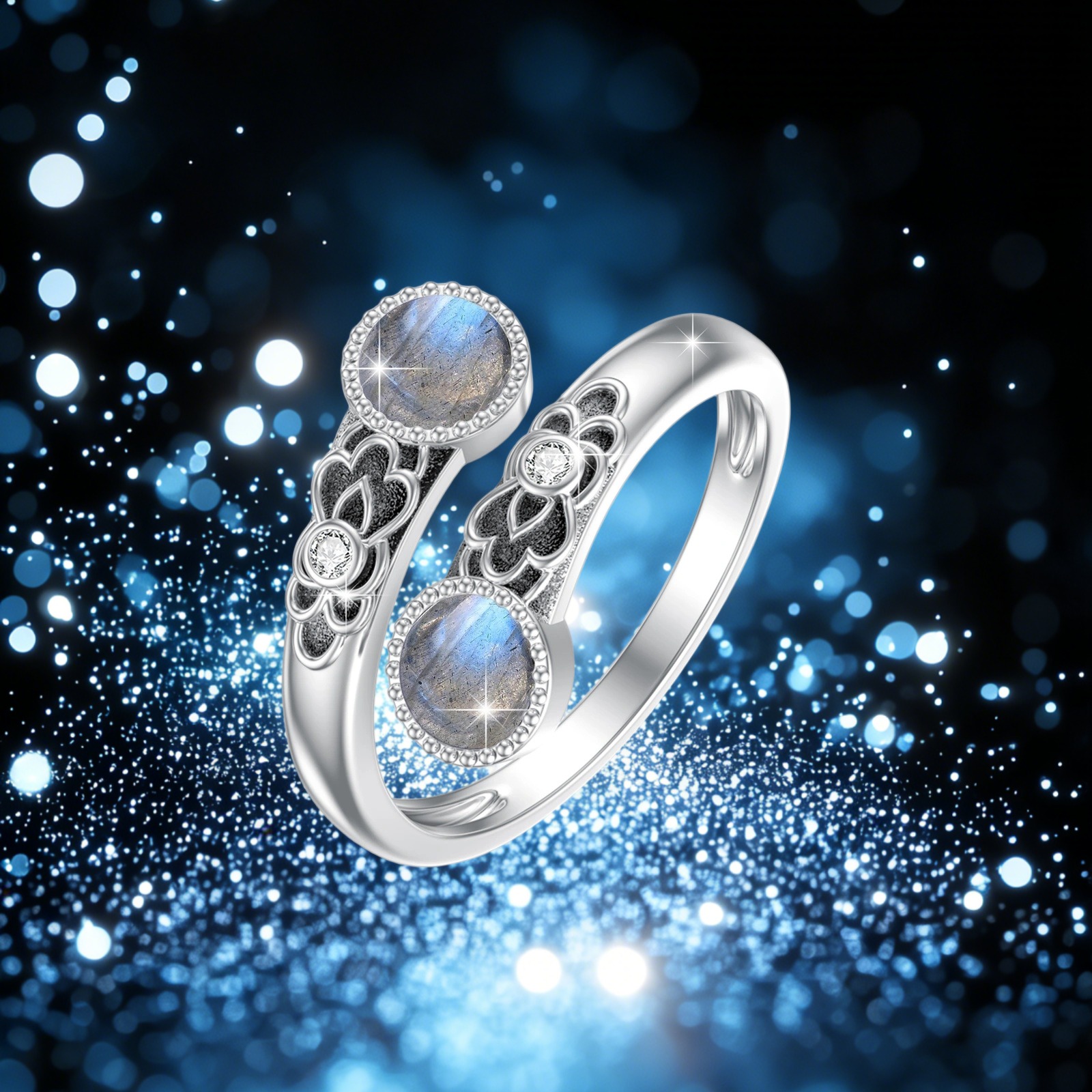 Image of 925 Sterling Silvery Labradorite Ring Double Stone Rings, Vintage Floral Adjustable Ring, Labradorite Christmas Mother's Day Birthday Jewelry Gift For Women