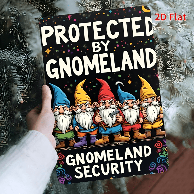 TEMU 2d Flat - 1pc Of Vintage Wall Art Featuring A Metal Sign With An Illustration Of A Fantasy Gnome And Goblin, Along With 'protected By Security'.