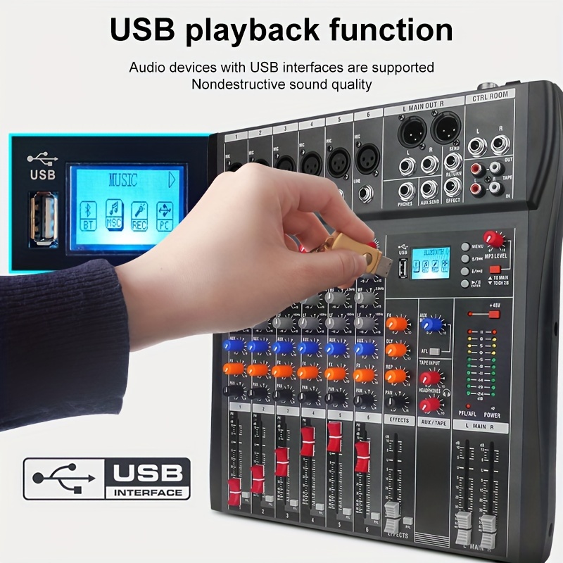 Mini mezclador de audio para DJ, sistema de consola de tablero de sonido, 5  canales de alimentación fantasma de 48 V con Bluetooth USB MP3 estéreo DJ