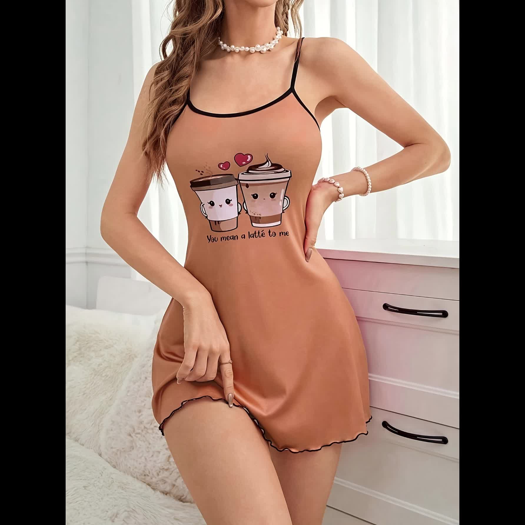 Vestido de Dormir Sin Mangas para Mujer - Camisón de Verano con Estampado de Taza de Café, Vestido Corto para Mujeres, Pijama y Ropa de Casa Lavable a Máquina (No Incluido) - Estilo Cómodo y Casual para Dormir - Imagen 7