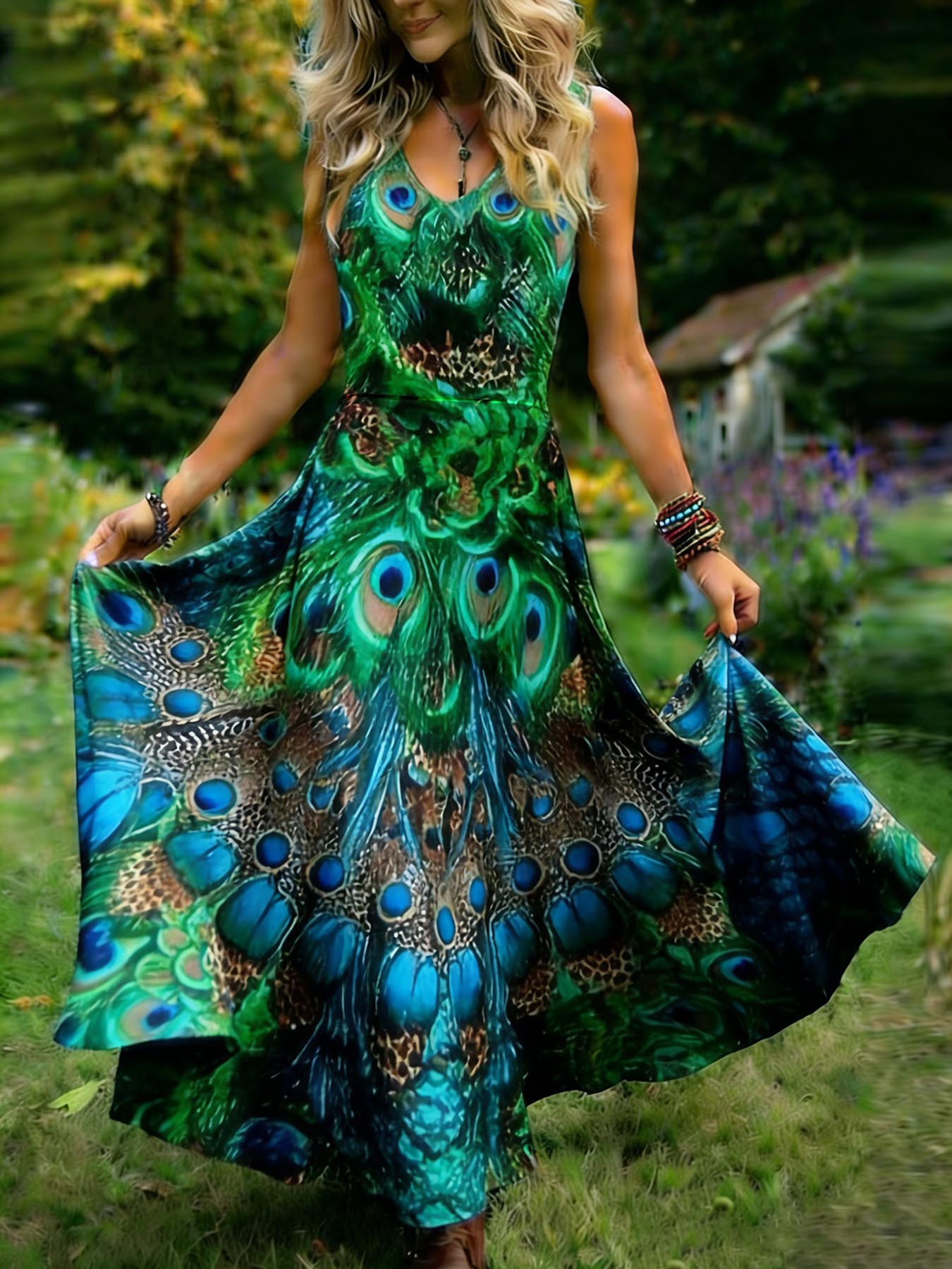 chiffon ruffle dress long sleeve Tiered Evening Gown Navy Blue Jacket And flowy kaftan a wedding guest moment Color:Green/Floral