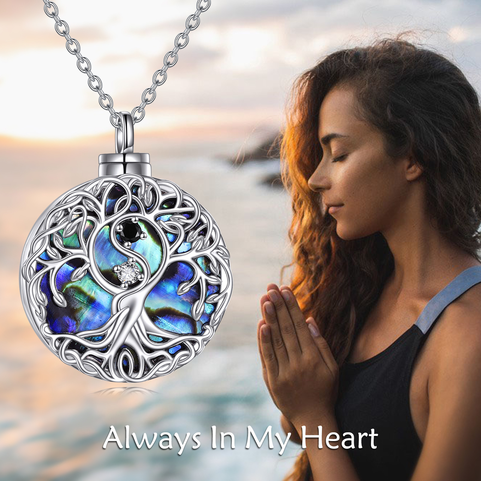 Sterling Silver Tree of Life Urn Necklace, Yin Yang Design