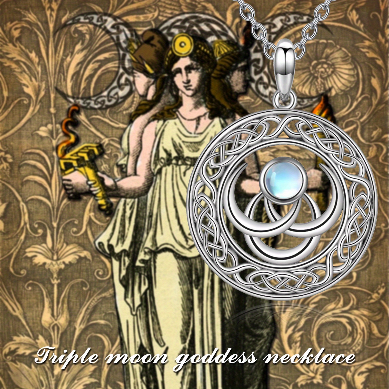 Moonstone Triple Moon Goddess Necklace Sterling Silver