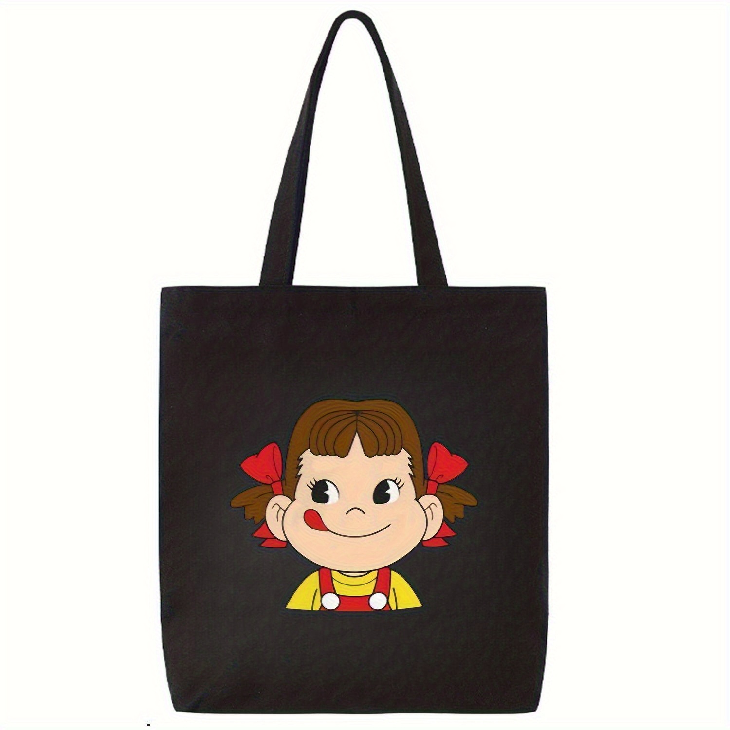 TEMU アニメトートバッグ - かわいいマンガキャラクタープリント＆の顔とな衣装、軽量で折りたたみ可能な再利用可能なショルダーバッグ、学校・旅行・買い物用（ブラック、カジュアルアニメファンアクセサリー）