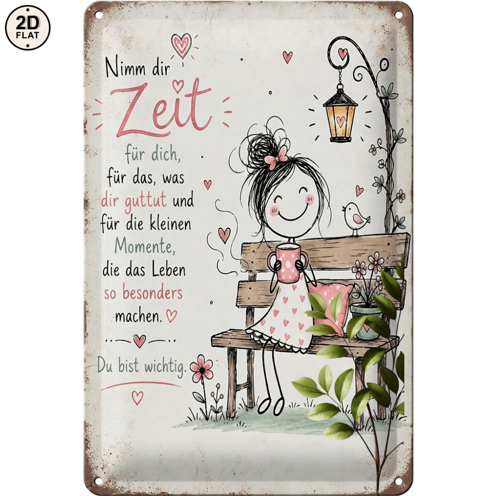 TEMU 2D Flat - 【2D Flat】 2D Flat - [2D Flat] 1 Stück Metallschild, Mädchen auf Bank, Nimm dir Zeit Zitate, für Zuhause, Büro, Bar, Außendekoration,