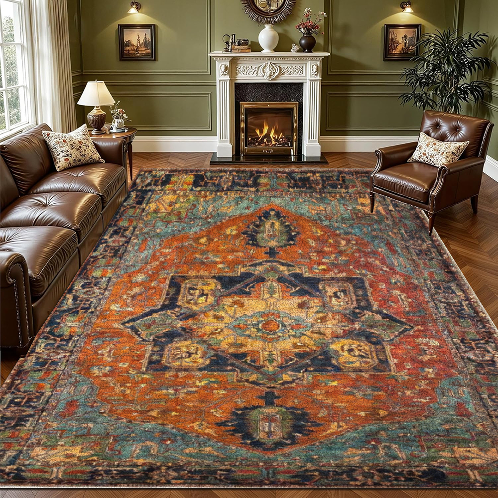 Large Vintage Oriental Carpet - Velvet Rug Suitable For Living Room, Bedroom, Hallway - Machine Washable & With Non-slip Backing - Oriental Pattern Large Floor Mat (jumbo Sizes)