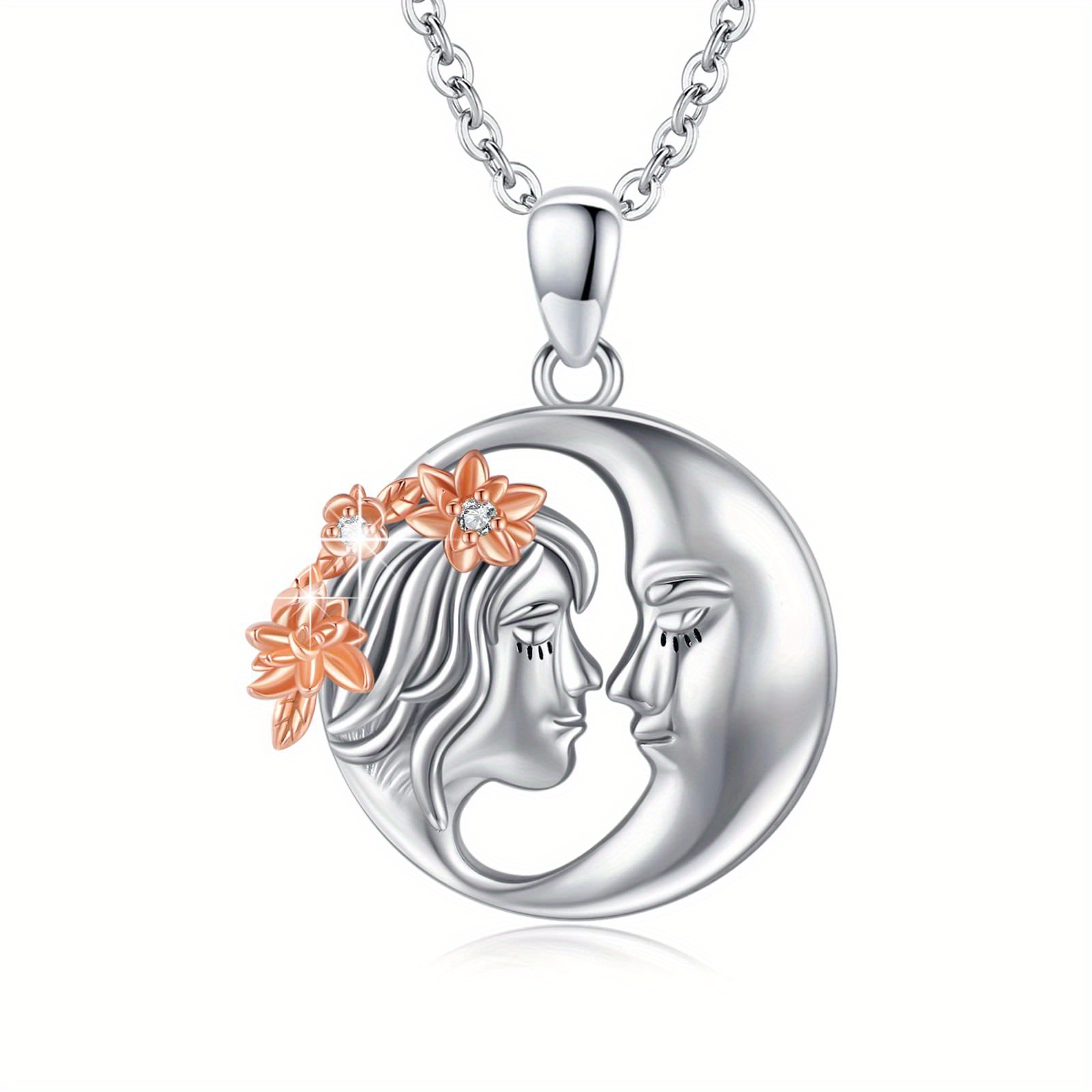 YFN 925 Silver Moon Face Necklace with Floral Design