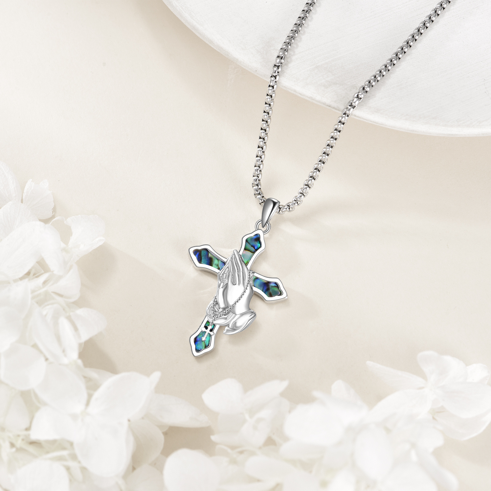 Praying Hands Cross Necklace Sterling Silver Abalone Pendant for Women