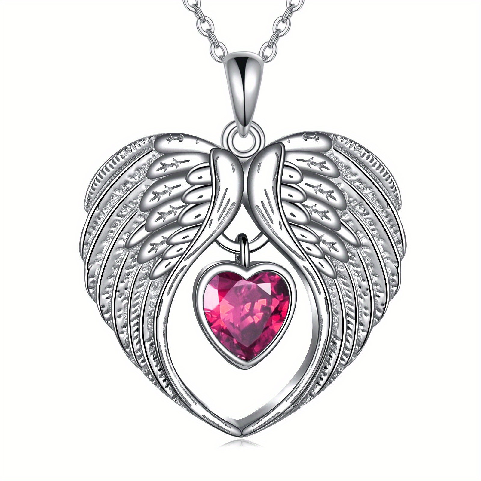 Women's Silvery Angel Wing Pendant Necklace with July Birthstone